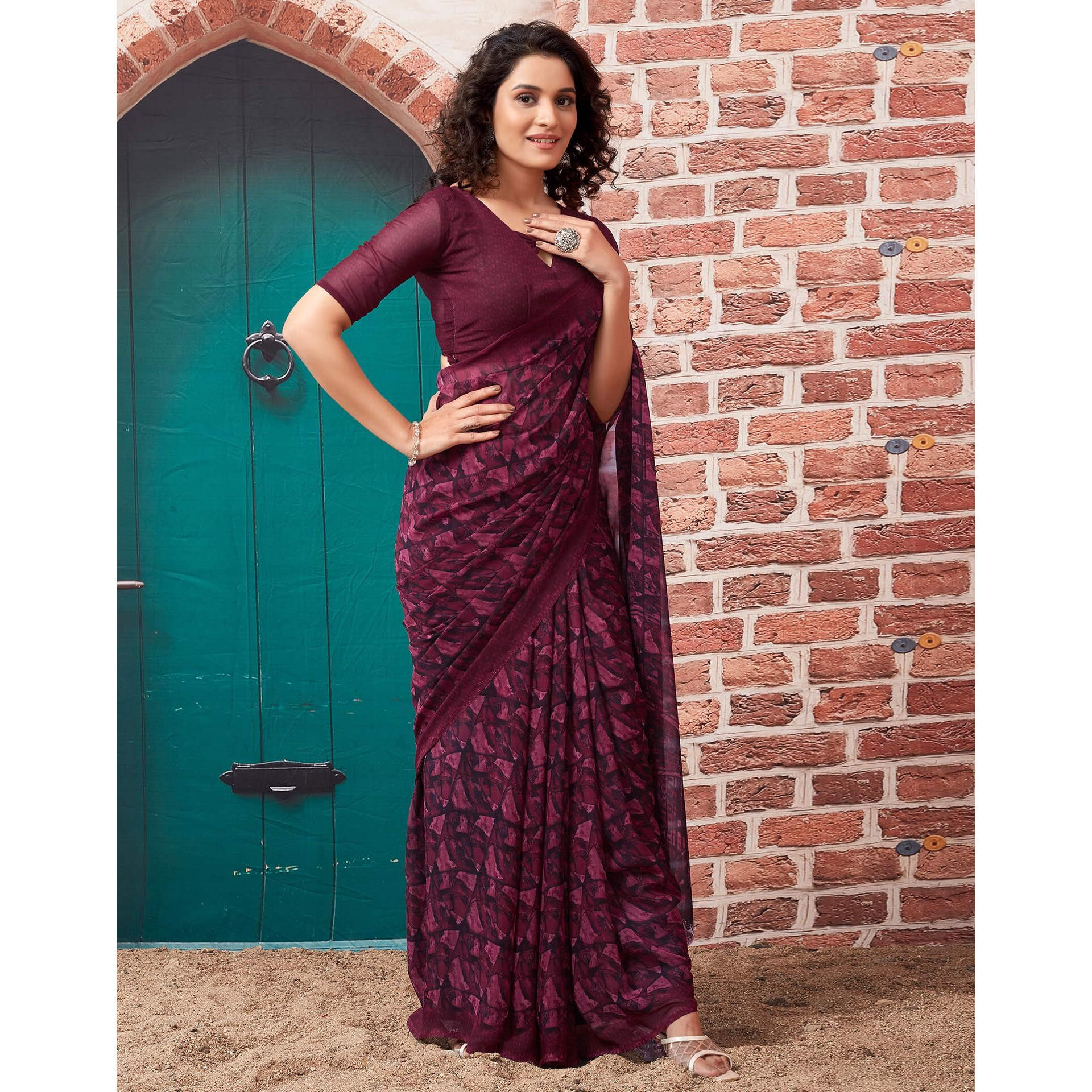 SIRIL Womens Georgette Geometric Printed Saree With Unstitched Blouse Piece (3448S1081_Wine)