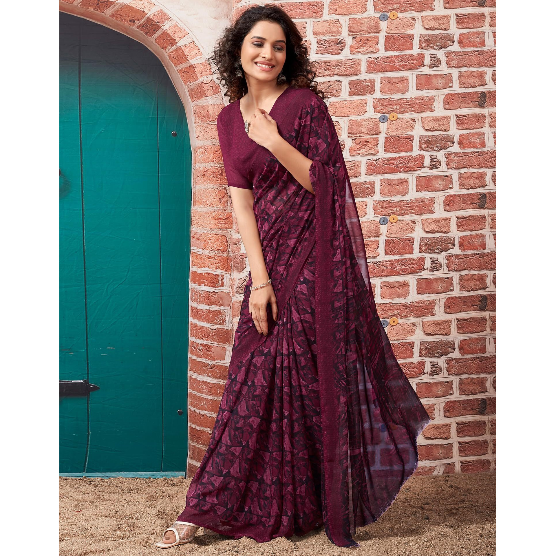 SIRIL Womens Georgette Geometric Printed Saree With Unstitched Blouse Piece (3448S1081_Wine)