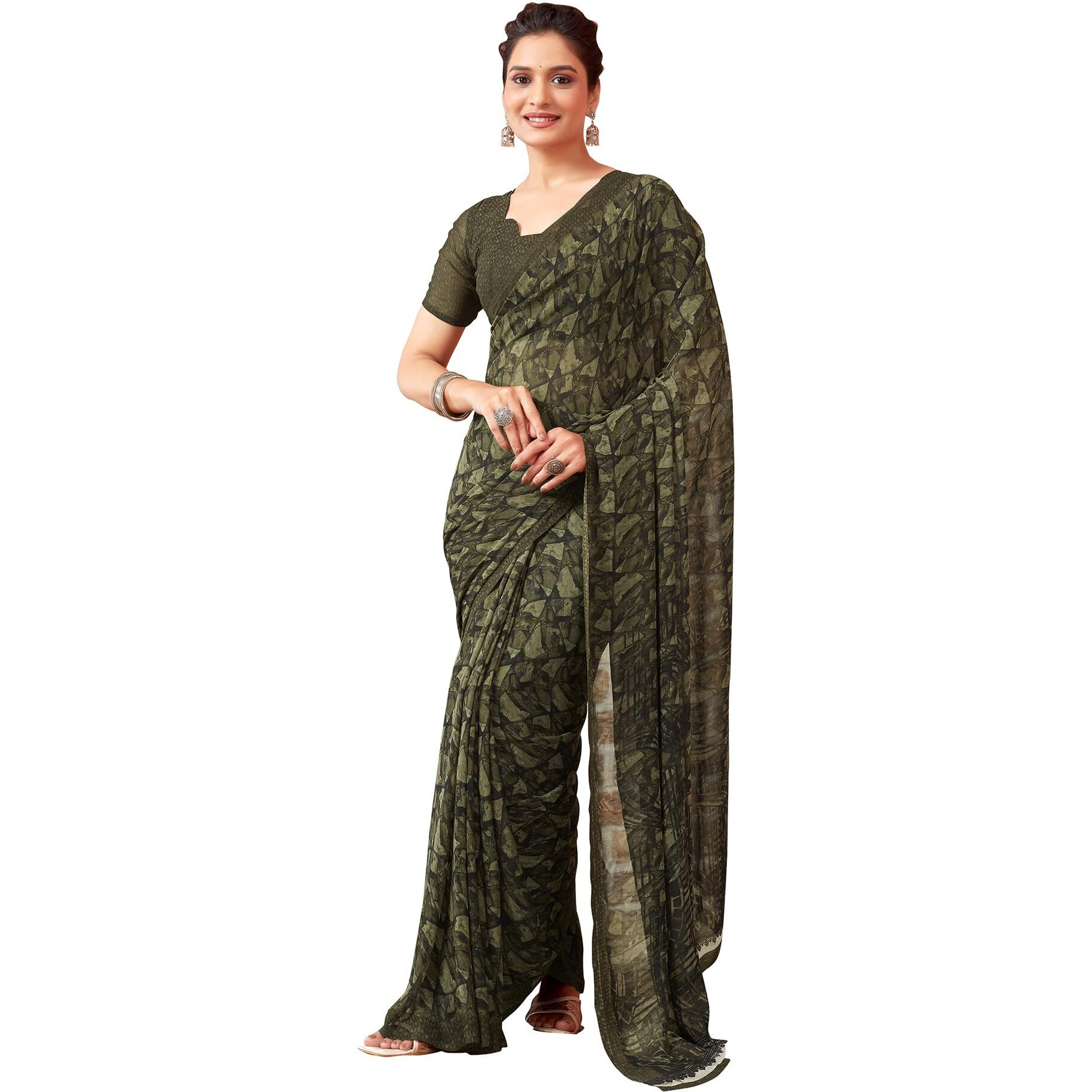 SIRIL Womens Georgette Geometric Printed Saree With Unstitched Blouse Piece (3448S1084_Dark Green)
