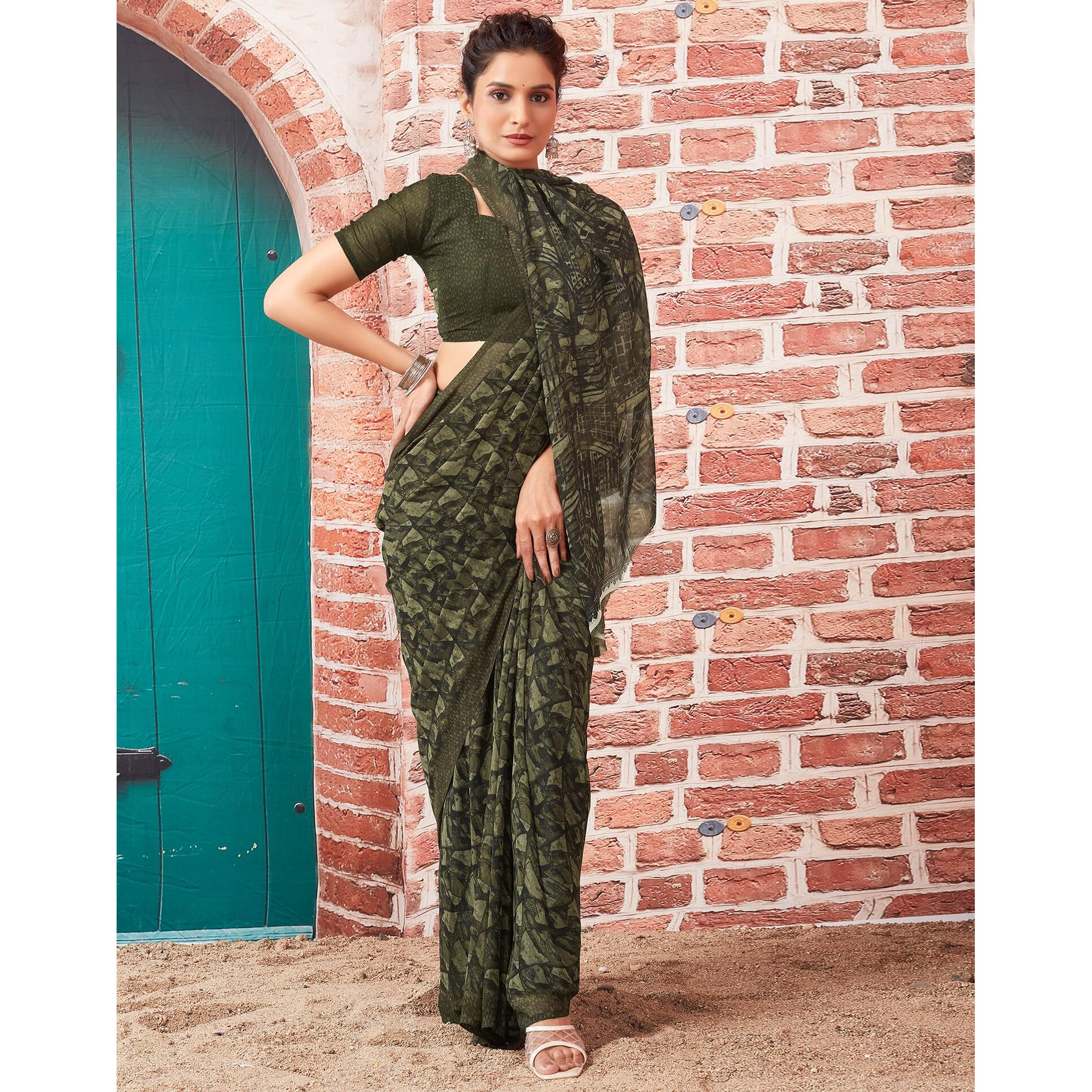 SIRIL Womens Georgette Geometric Printed Saree With Unstitched Blouse Piece (3448S1084_Dark Green)