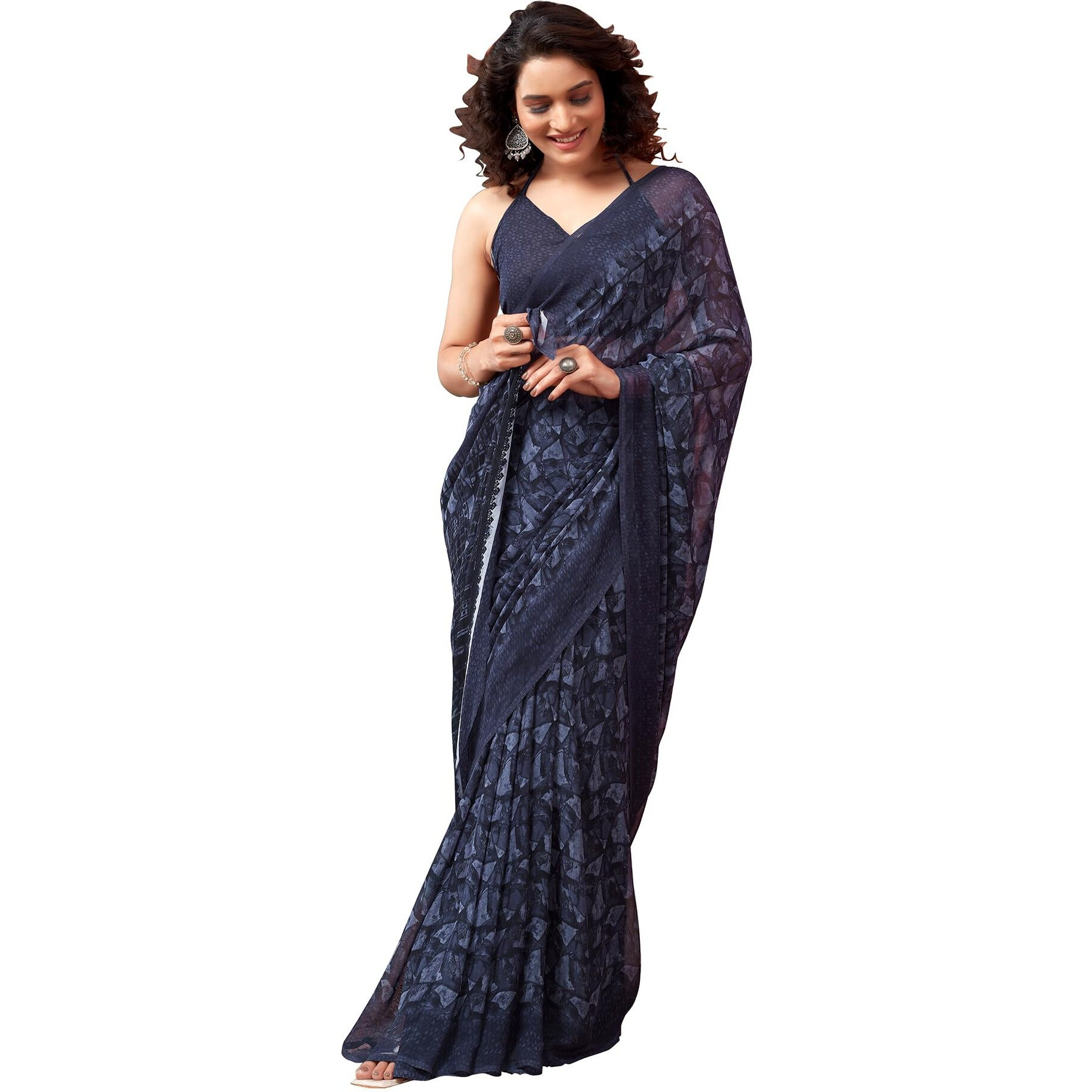 SIRIL Womens Georgette Geometric Printed Saree With Unstitched Blouse Piece (3448S1083_Dark Blue)