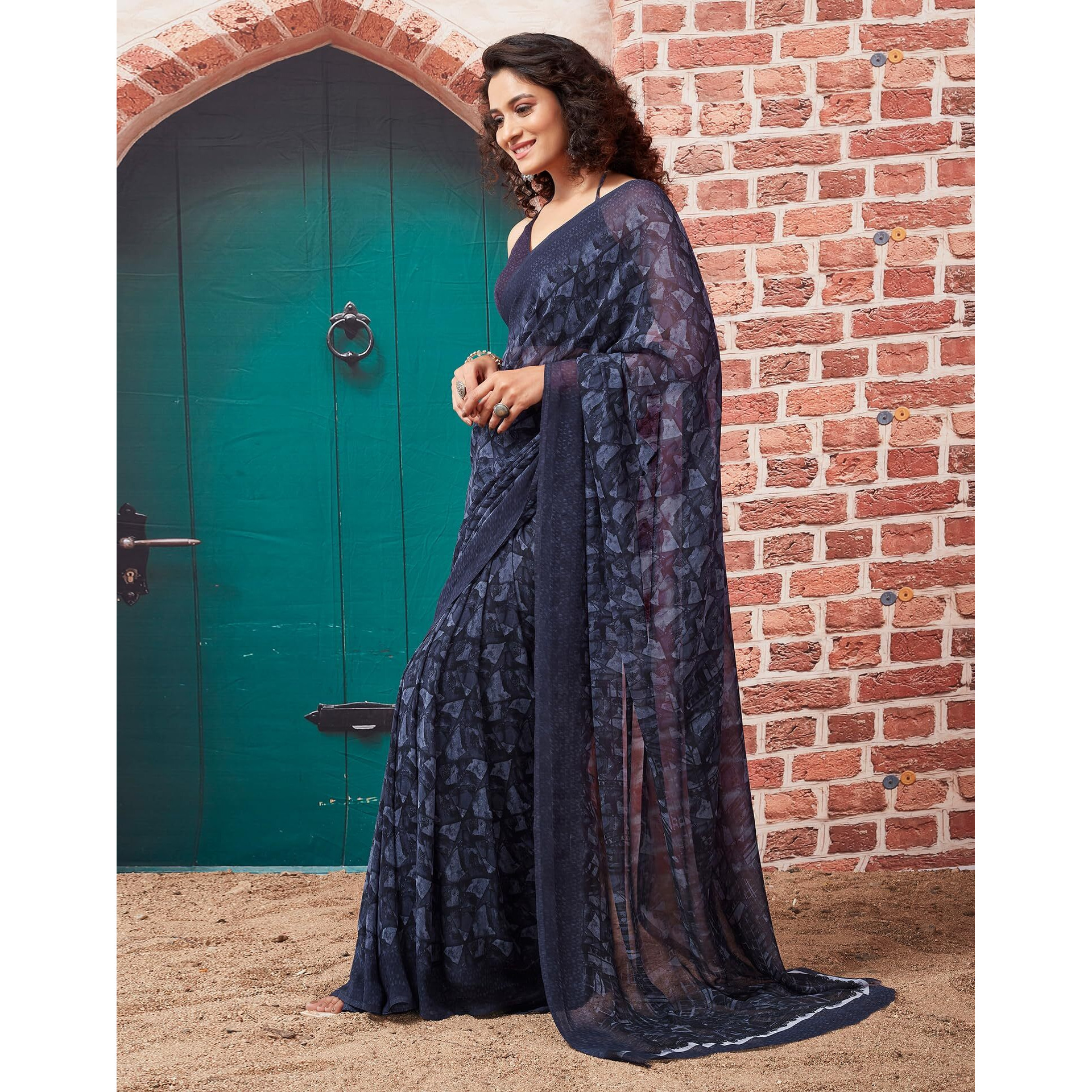 SIRIL Womens Georgette Geometric Printed Saree With Unstitched Blouse Piece (3448S1083_Dark Blue)