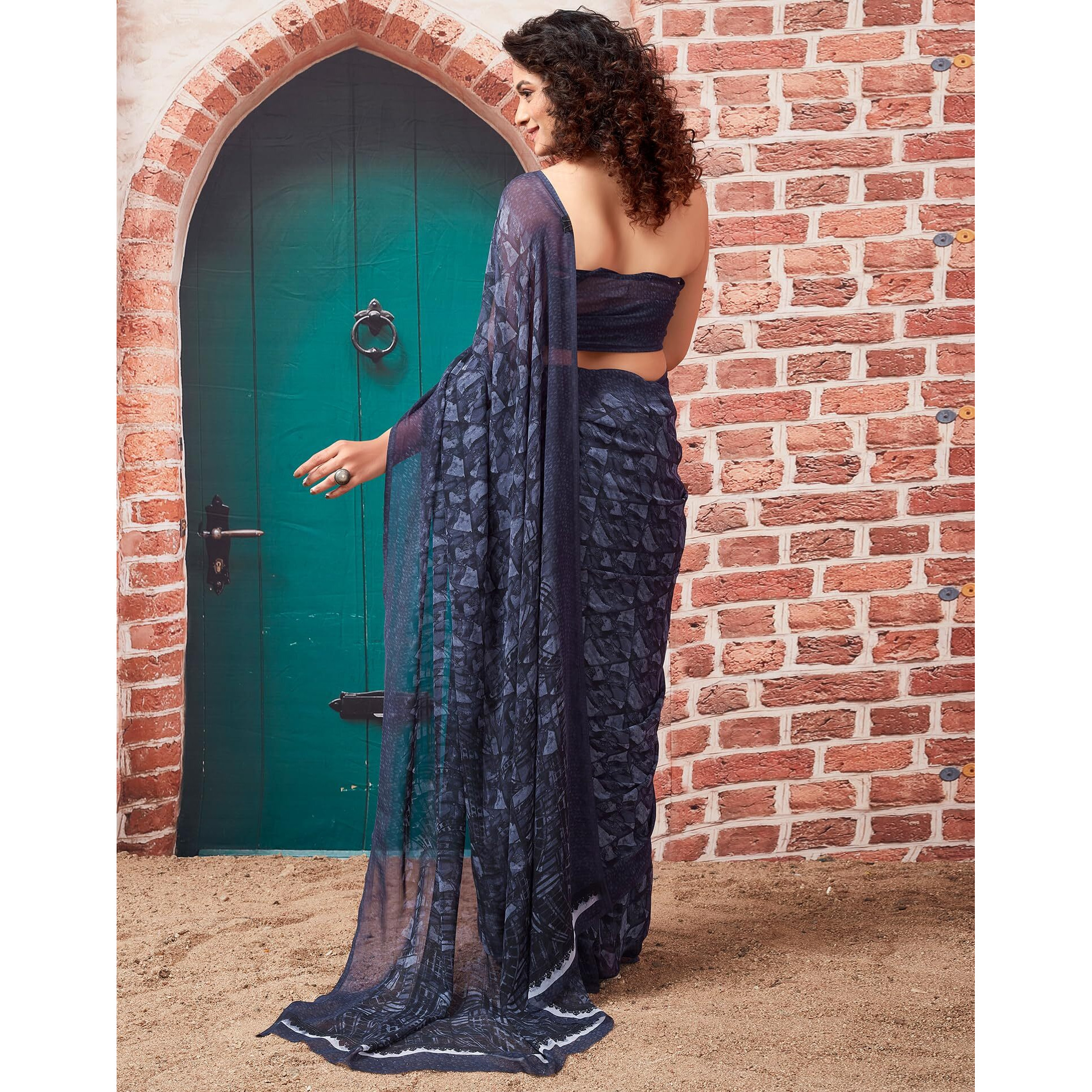 SIRIL Womens Georgette Geometric Printed Saree With Unstitched Blouse Piece (3448S1083_Dark Blue)