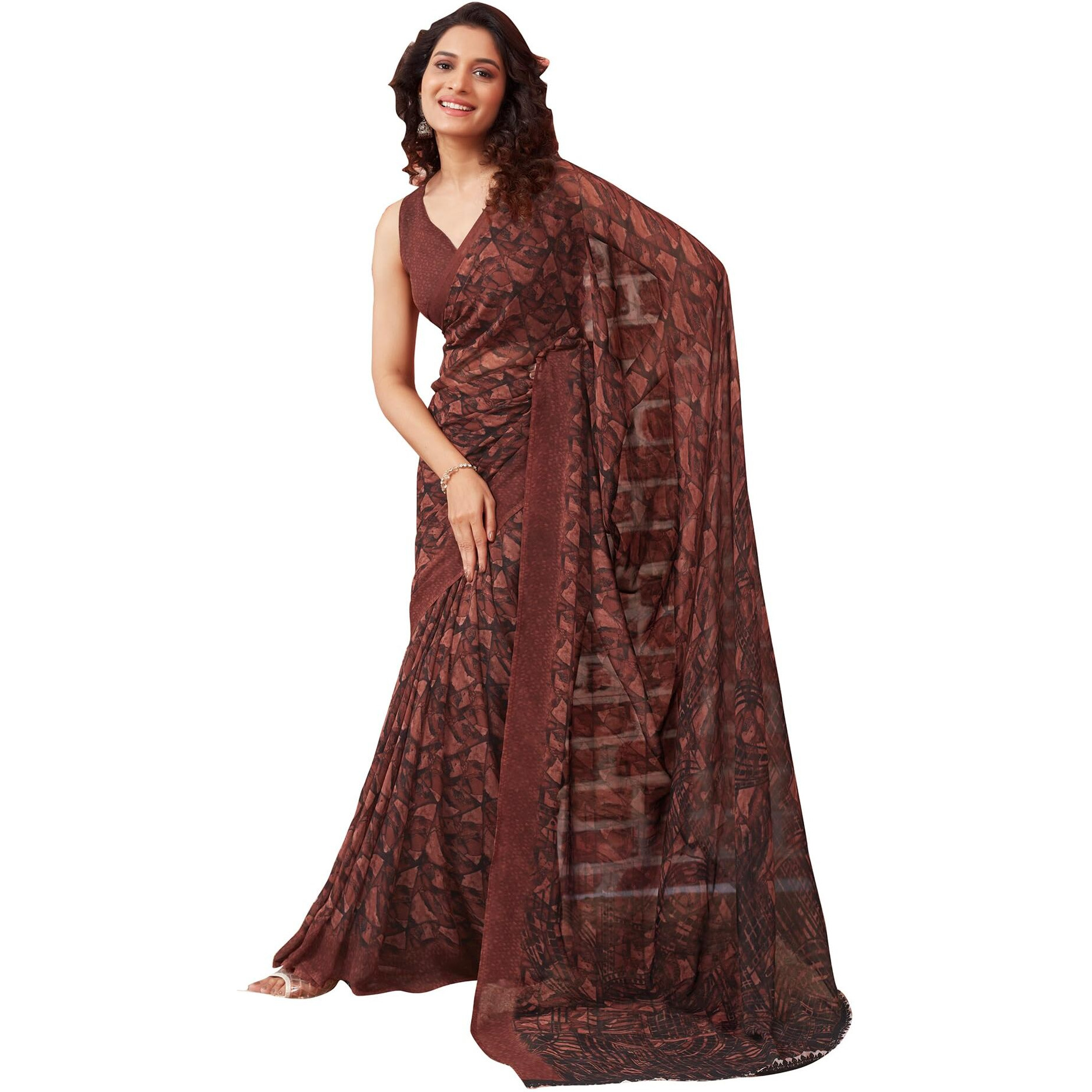 SIRIL Womens Georgette Geometric Printed Saree With Unstitched Blouse Piece (3448S1082_Brown)