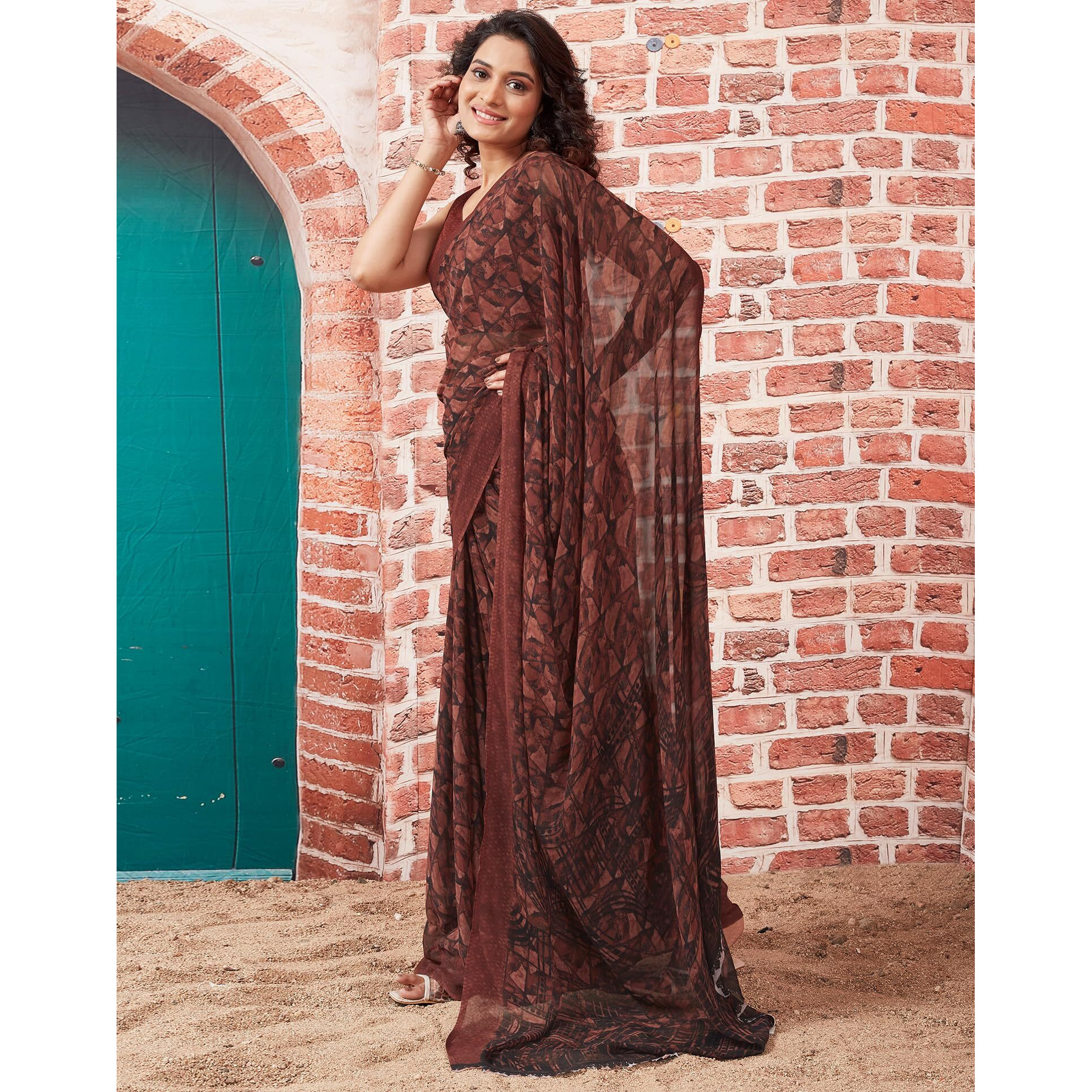 SIRIL Womens Georgette Geometric Printed Saree With Unstitched Blouse Piece (3448S1082_Brown)