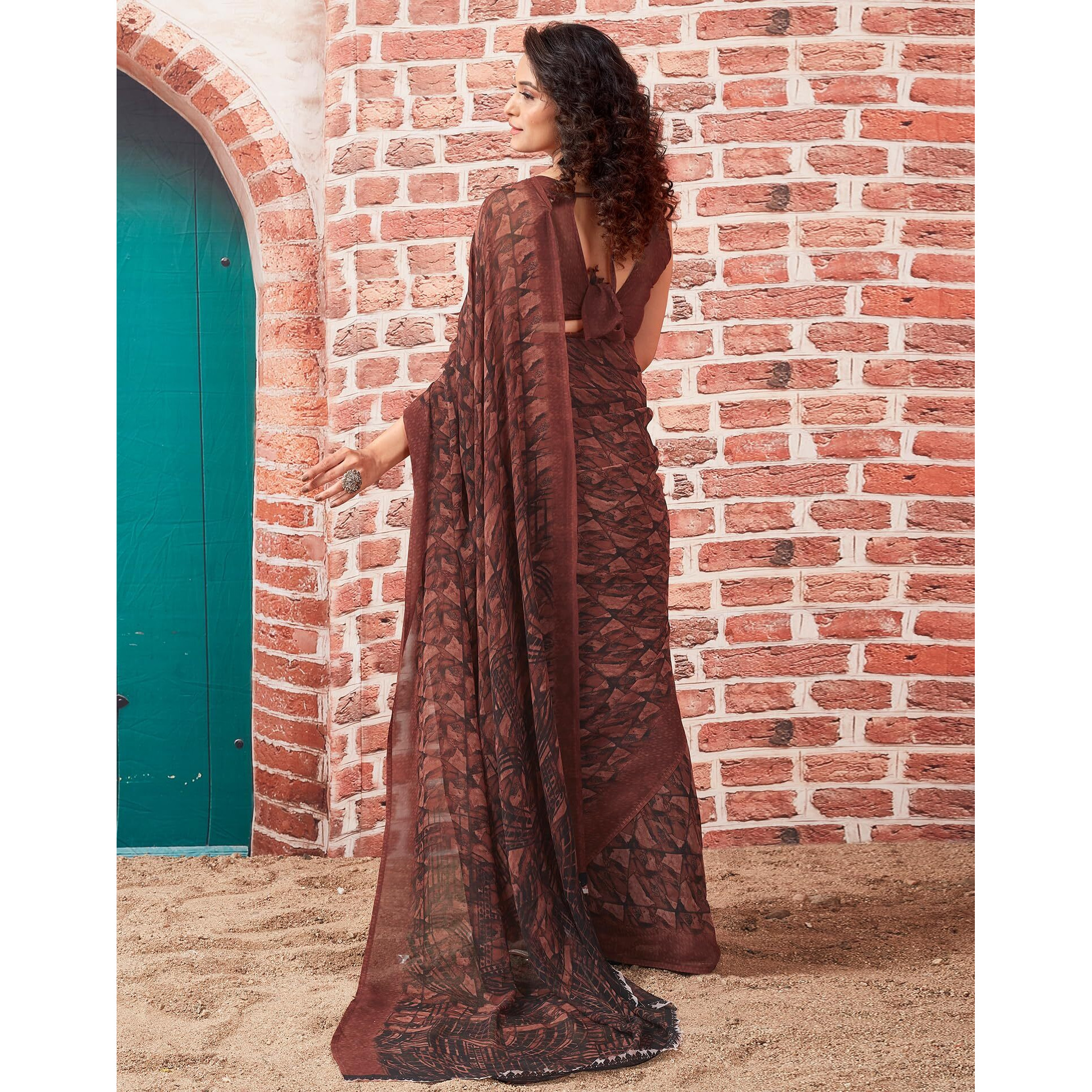 SIRIL Womens Georgette Geometric Printed Saree With Unstitched Blouse Piece (3448S1082_Brown)