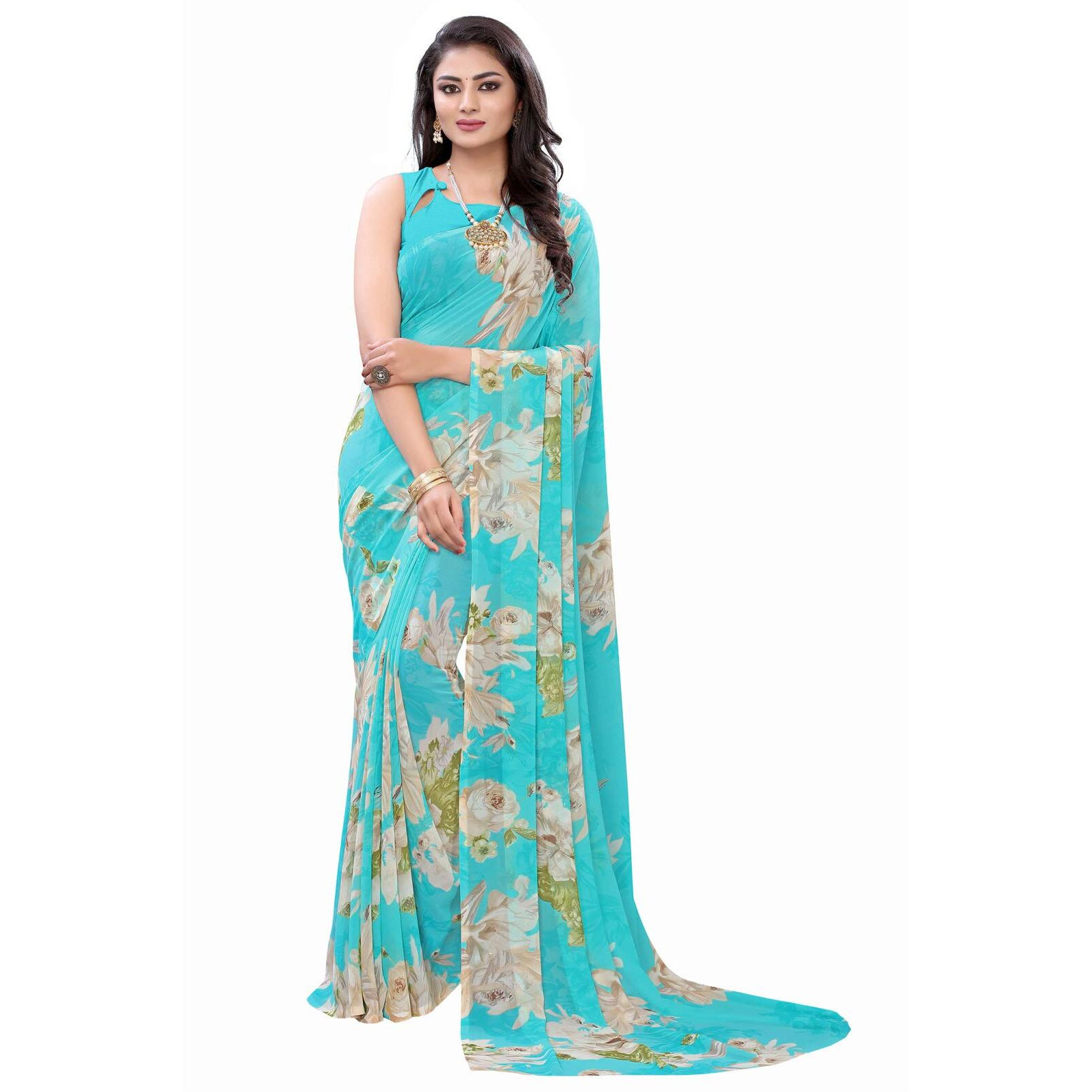 SIRIL Womens Pochampally Georgette Printed Saree with Blouse (1817S211 Aqua Blue Printed)