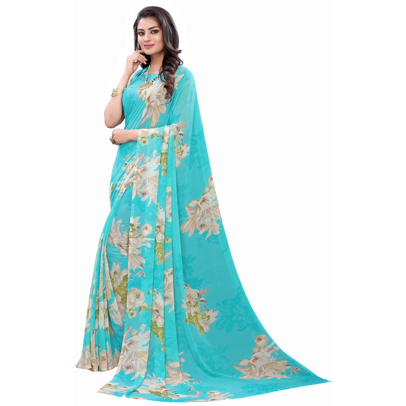 SIRIL Womens Pochampally Georgette Printed Saree with Blouse (1817S211 Aqua Blue Printed)
