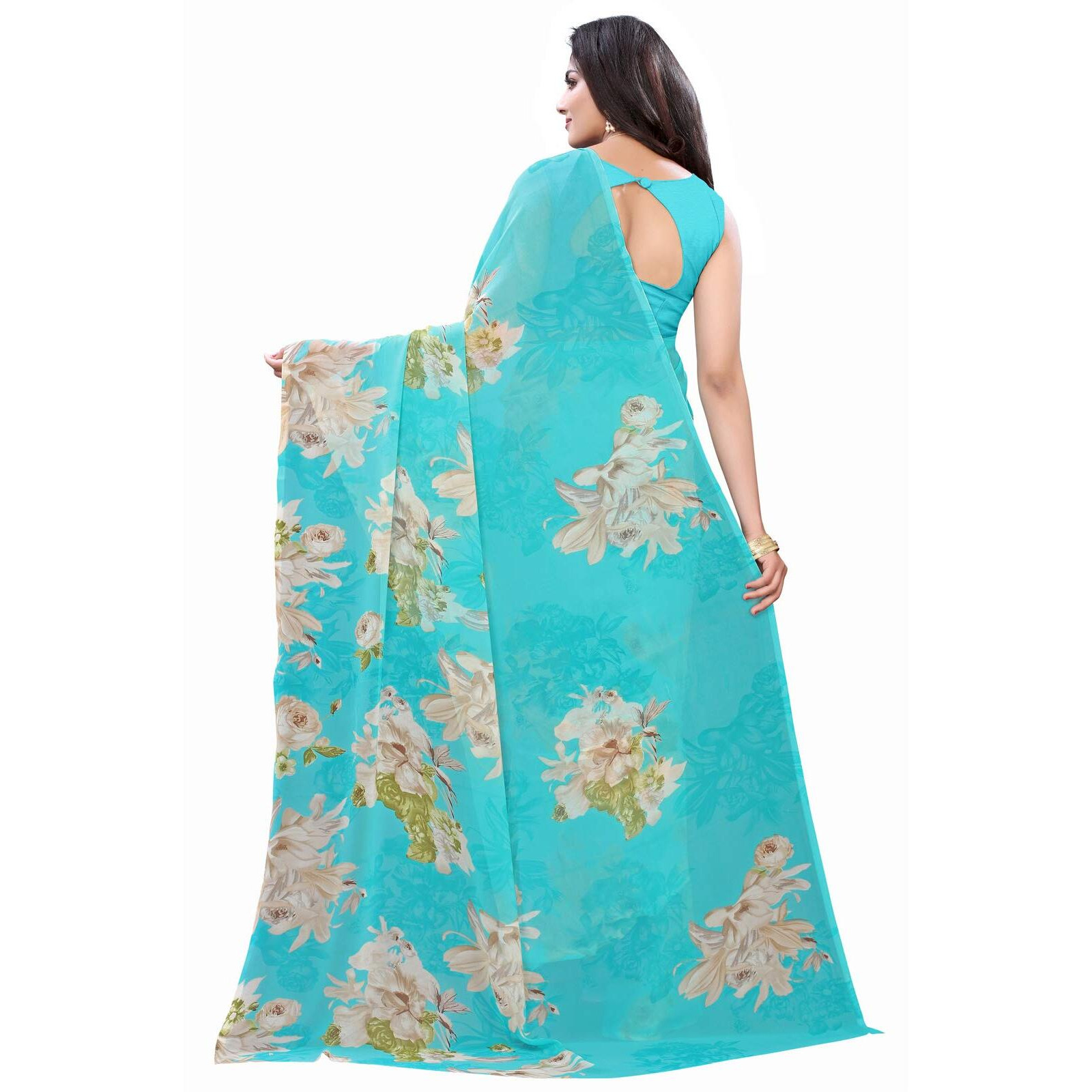 SIRIL Womens Pochampally Georgette Printed Saree with Blouse (1817S211 Aqua Blue Printed)