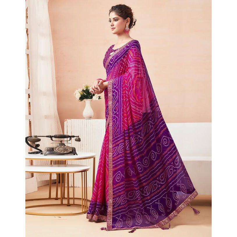 SIRIL Womens Chiffon Bandhani Printed Saree With Unstitched Blouse Piece (3728S2634_Purple & Pink)