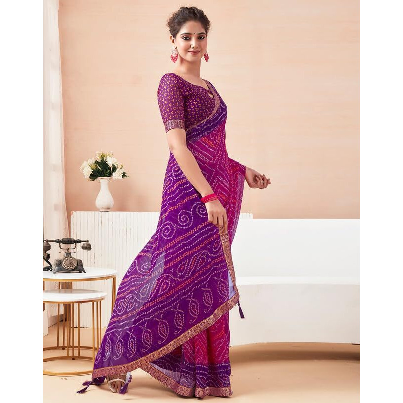 SIRIL Womens Chiffon Bandhani Printed Saree With Unstitched Blouse Piece (3728S2634_Purple & Pink)