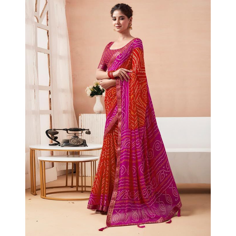 SIRIL Womens Chiffon Bandhani Printed Saree With Unstitched Blouse Piece (3728S2633_Magenta & Orange)
