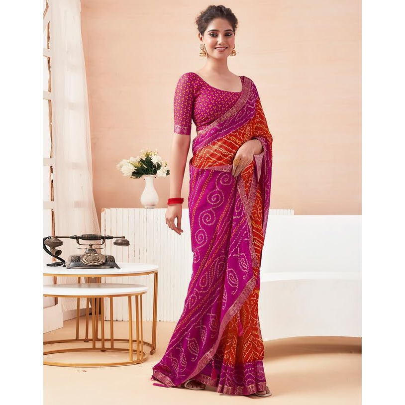 SIRIL Womens Chiffon Bandhani Printed Saree With Unstitched Blouse Piece (3728S2633_Magenta & Orange)