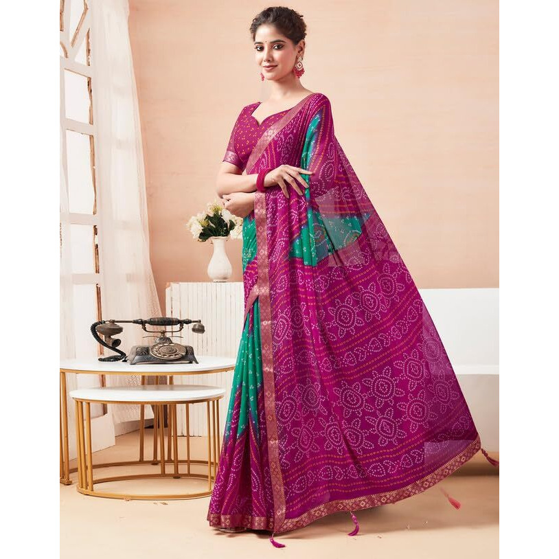 SIRIL Womens Chiffon Bandhani Printed Saree With Unstitched Blouse Piece (3728S2636_Pink & Rama)