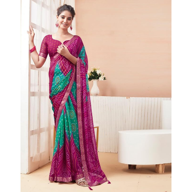 SIRIL Womens Chiffon Bandhani Printed Saree With Unstitched Blouse Piece (3728S2636_Pink & Rama)
