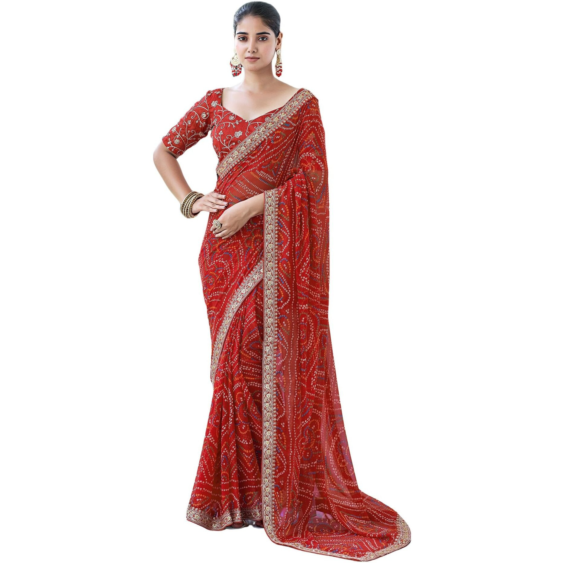 SIRIL Womens Georgette Bandhani Printed Saree With Unstitched Blouse Piece (3667S2547_Red2)
