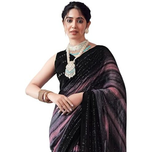 SIRIL Womens Georgette Printed Zari Stripe Saree With Unstitched Blouse Piece (3498S726_Black)