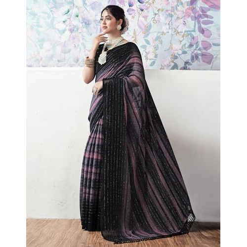 SIRIL Womens Georgette Printed Zari Stripe Saree With Unstitched Blouse Piece (3498S726_Black)