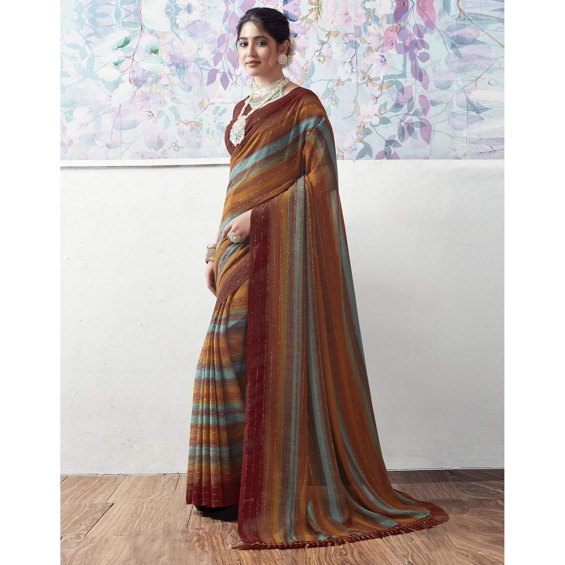 SIRIL Womens Georgette Printed Zari Stripe Saree With Unstitched Blouse Piece (3498S724_Rust Brown)