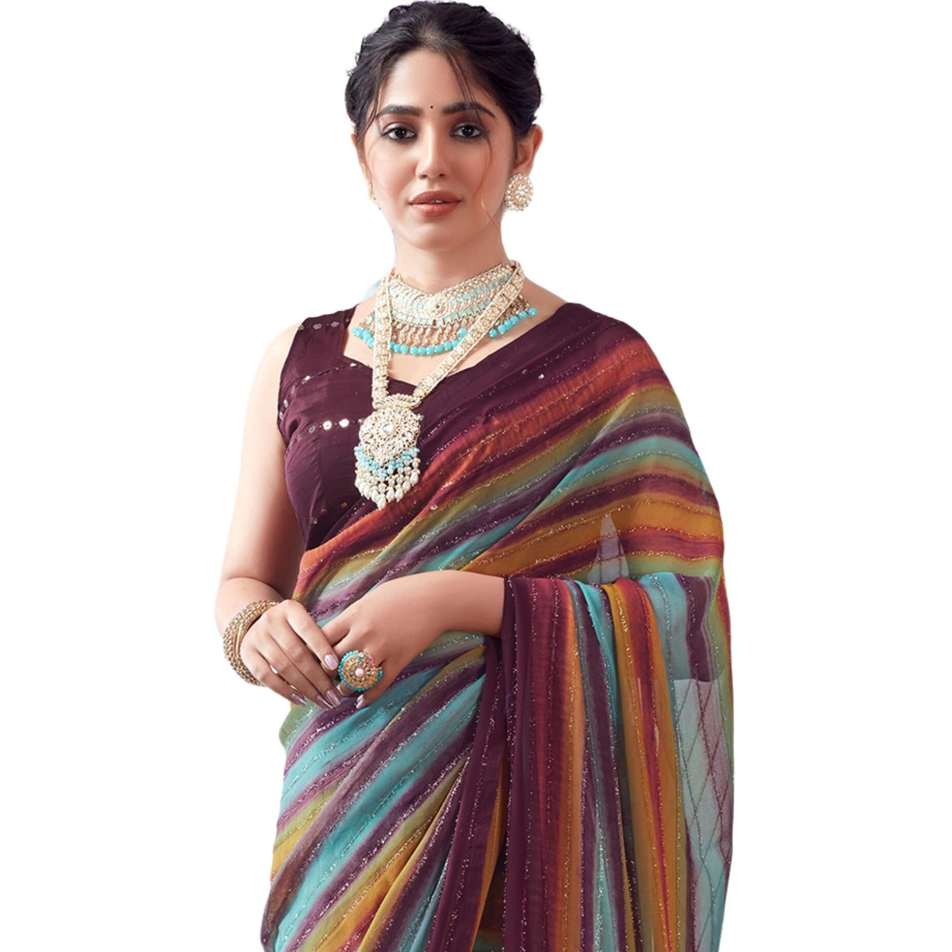 SIRIL Womens Georgette Printed Zari Stripe Saree With Unstitched Blouse Piece (3498S725_Wine)