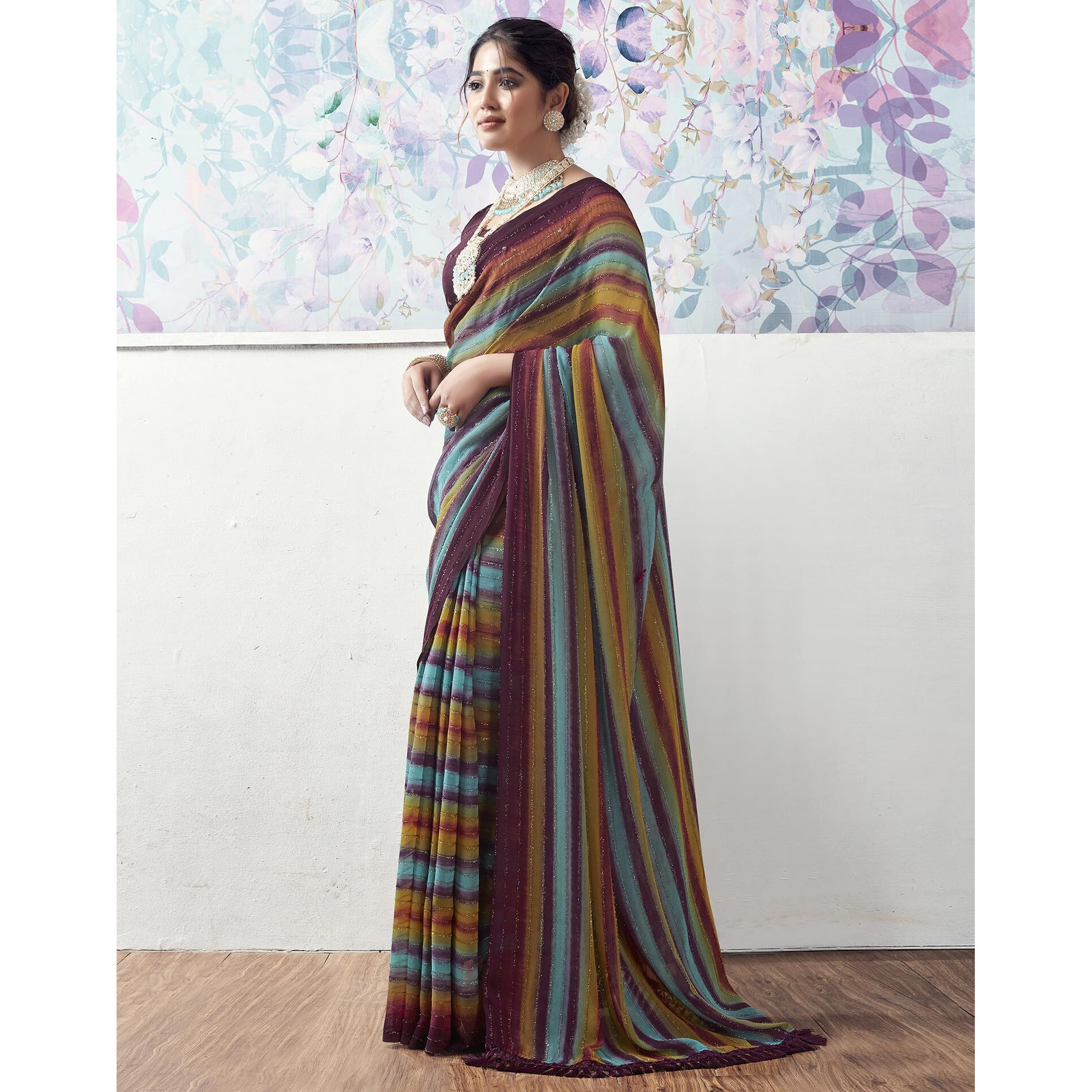 SIRIL Womens Georgette Printed Zari Stripe Saree With Unstitched Blouse Piece (3498S725_Wine)
