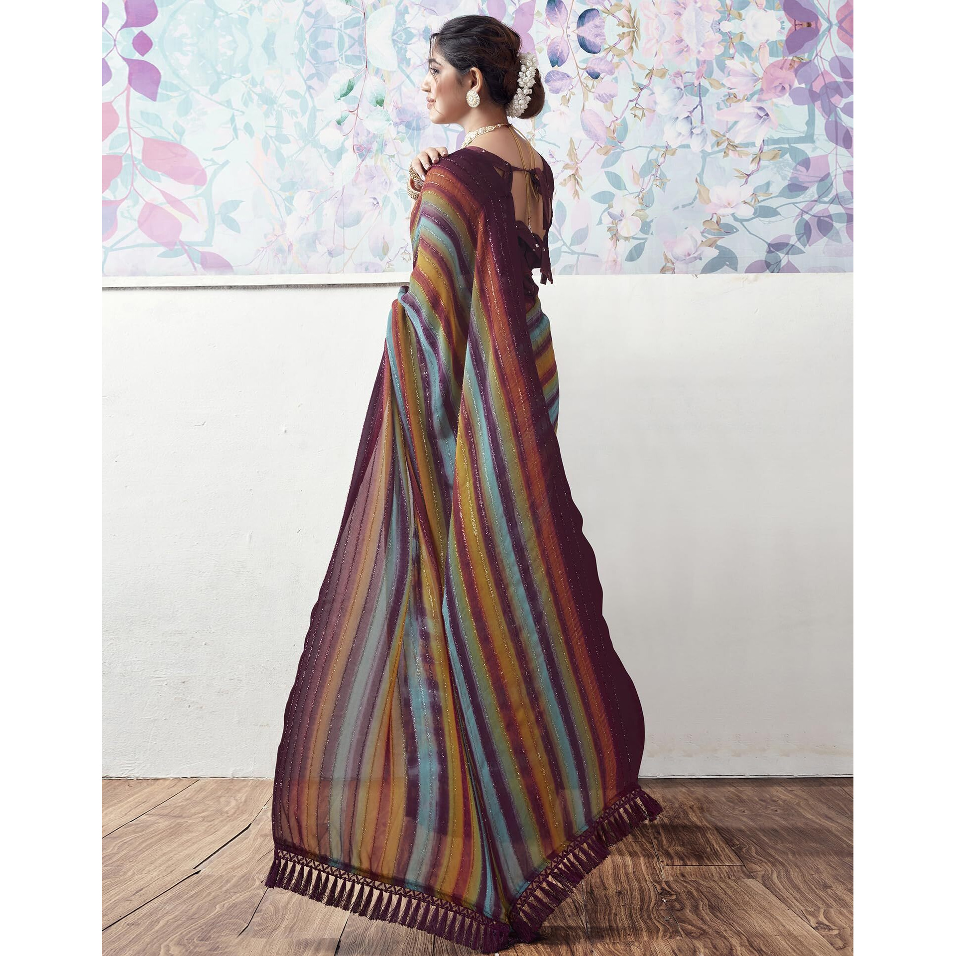 SIRIL Womens Georgette Printed Zari Stripe Saree With Unstitched Blouse Piece (3498S725_Wine)