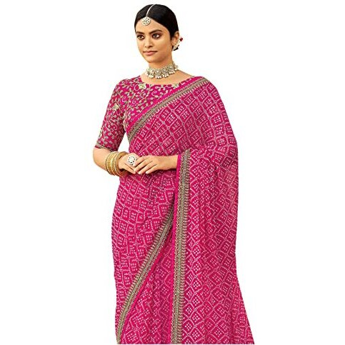 SIRIL Womens Bandhani Printed & Embroidery Work In Lace Georgette Saree with Unstitched Blouse Piece(2302S127_Pink, White)