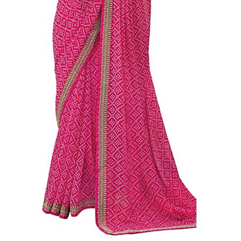 SIRIL Womens Bandhani Printed & Embroidery Work In Lace Georgette Saree with Unstitched Blouse Piece(2302S127_Pink, White)