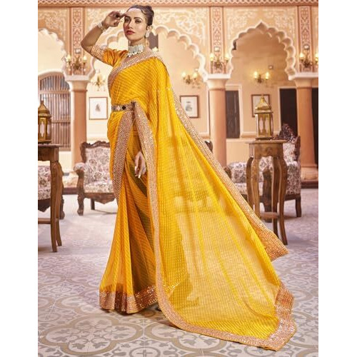 SIRIL Georgette Gergette Printed Embroidery Lace Boarder Saree For Women With Unstitched Blouse Piece (3463S236_Light Yellow)