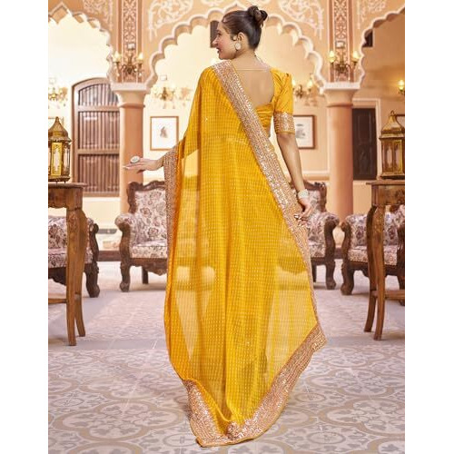 SIRIL Georgette Gergette Printed Embroidery Lace Boarder Saree For Women With Unstitched Blouse Piece (3463S236_Light Yellow)