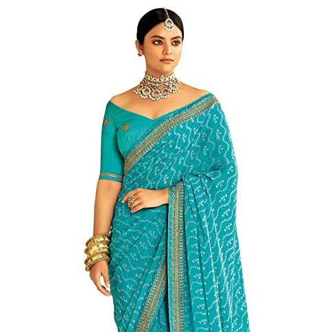 SIRIL Womens Bandhani Printed & Embroidery Work In Lace Georgette Saree with Unstitched Blouse Piece(2302S128_Sky Blue, White)