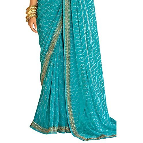 SIRIL Womens Bandhani Printed & Embroidery Work In Lace Georgette Saree with Unstitched Blouse Piece(2302S128_Sky Blue, White)