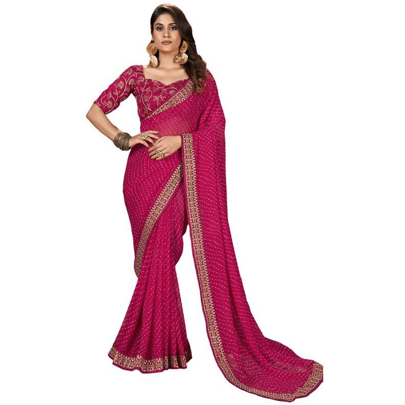 SIRIL Womens Laheriya Printed Georgette Saree with Unstitched Blouse Piece (3252S589_Rani Pink)