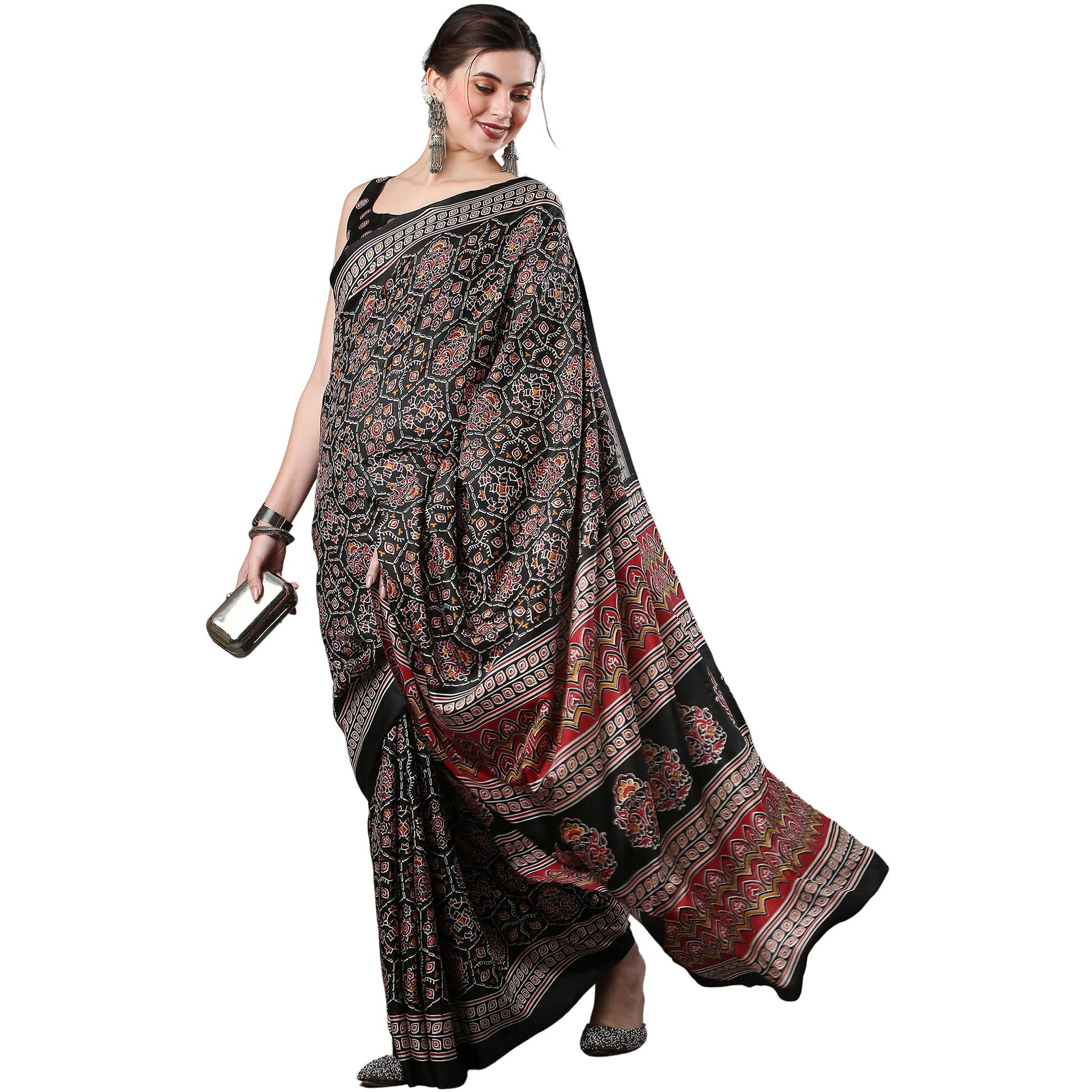 AKHILAM Womens Ajrak Block Print Dola Silk Saree With Unstitched Blouse Piece (Black_KUMRN206)