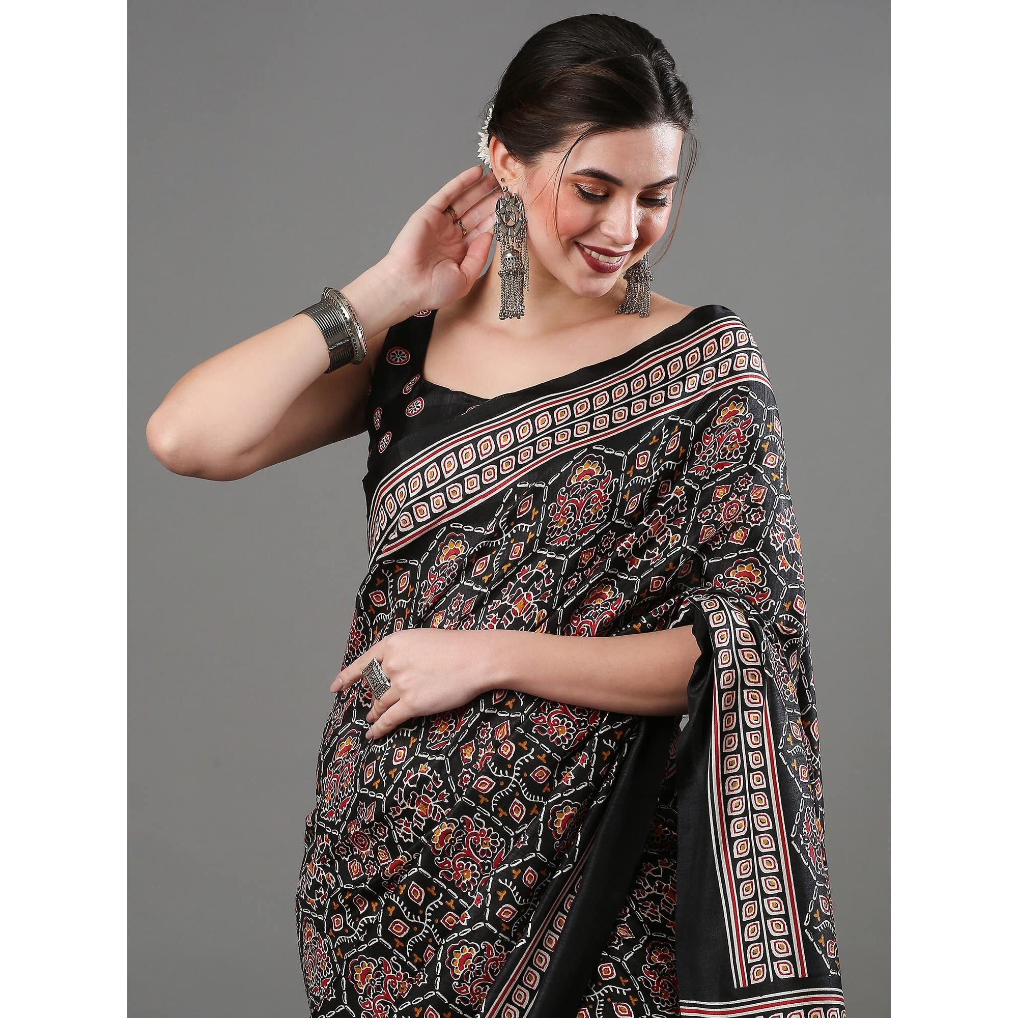 AKHILAM Womens Ajrak Block Print Dola Silk Saree With Unstitched Blouse Piece (Black_KUMRN206)