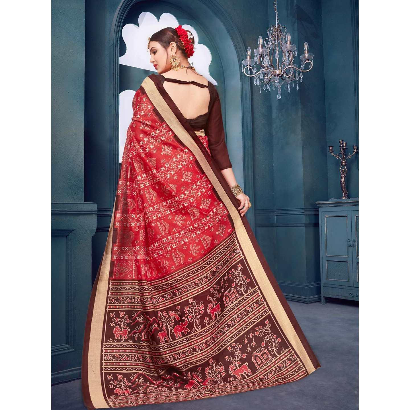AKHILAM Womens Sambalpuri Warli Printed Bhagalpuri Silk Batik saree With Unstitched Blouse Piece (Red_13WOM13910)