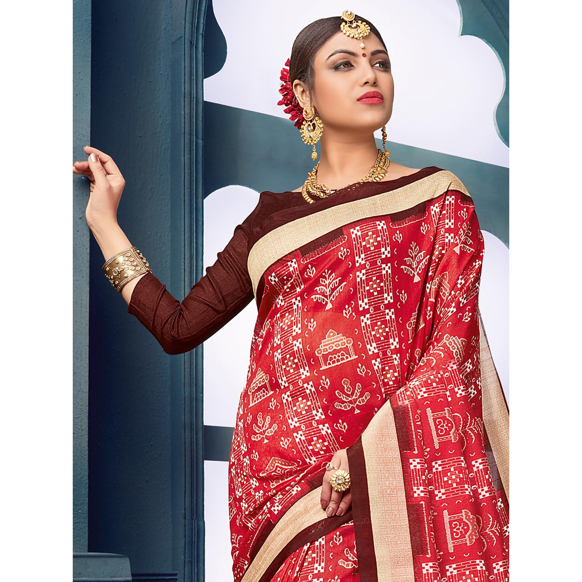 AKHILAM Womens Sambalpuri Warli Printed Bhagalpuri Silk Batik saree With Unstitched Blouse Piece (Red_13WOM13910)