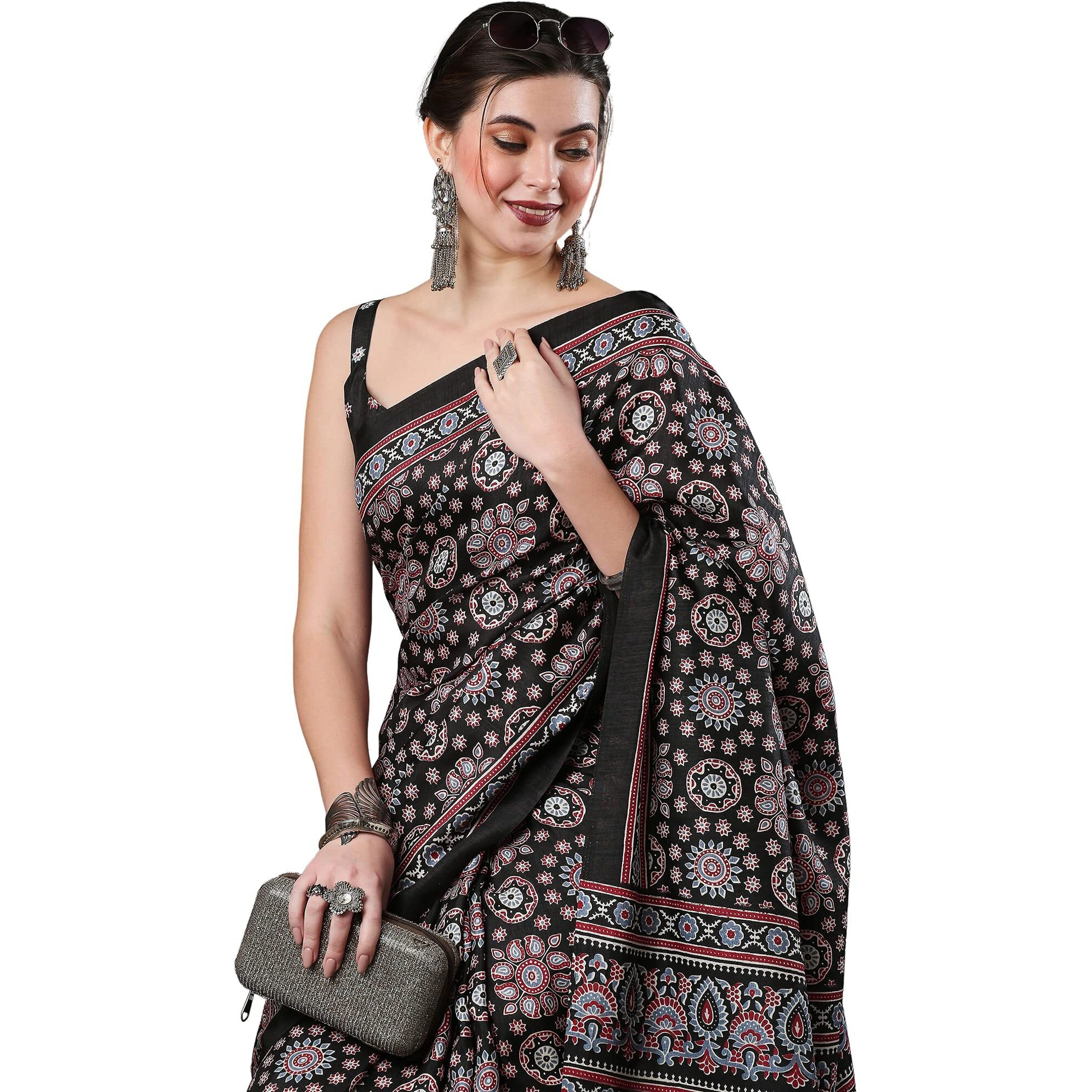 AKHILAM Womens Ajrak Block Print Dola Silk Saree With Unstitched Blouse Piece (Black_KUMRN207)