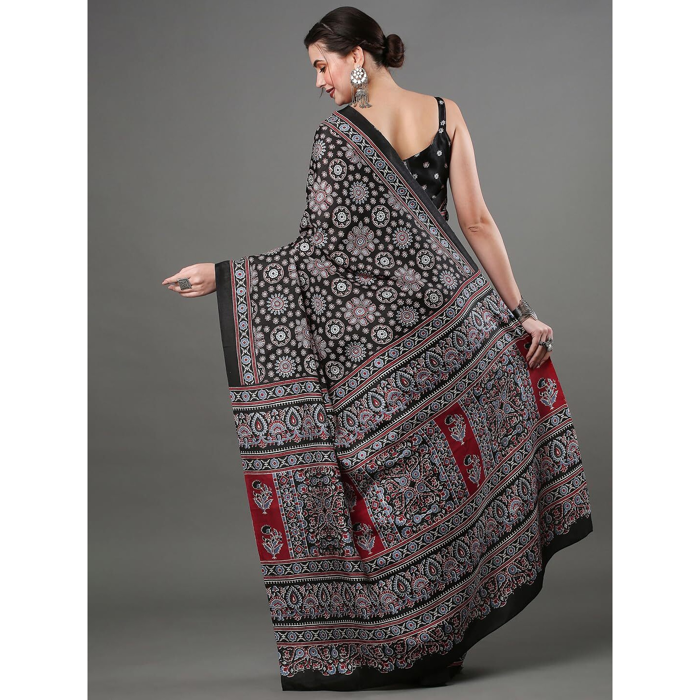 AKHILAM Womens Ajrak Block Print Dola Silk Saree With Unstitched Blouse Piece (Black_KUMRN207)