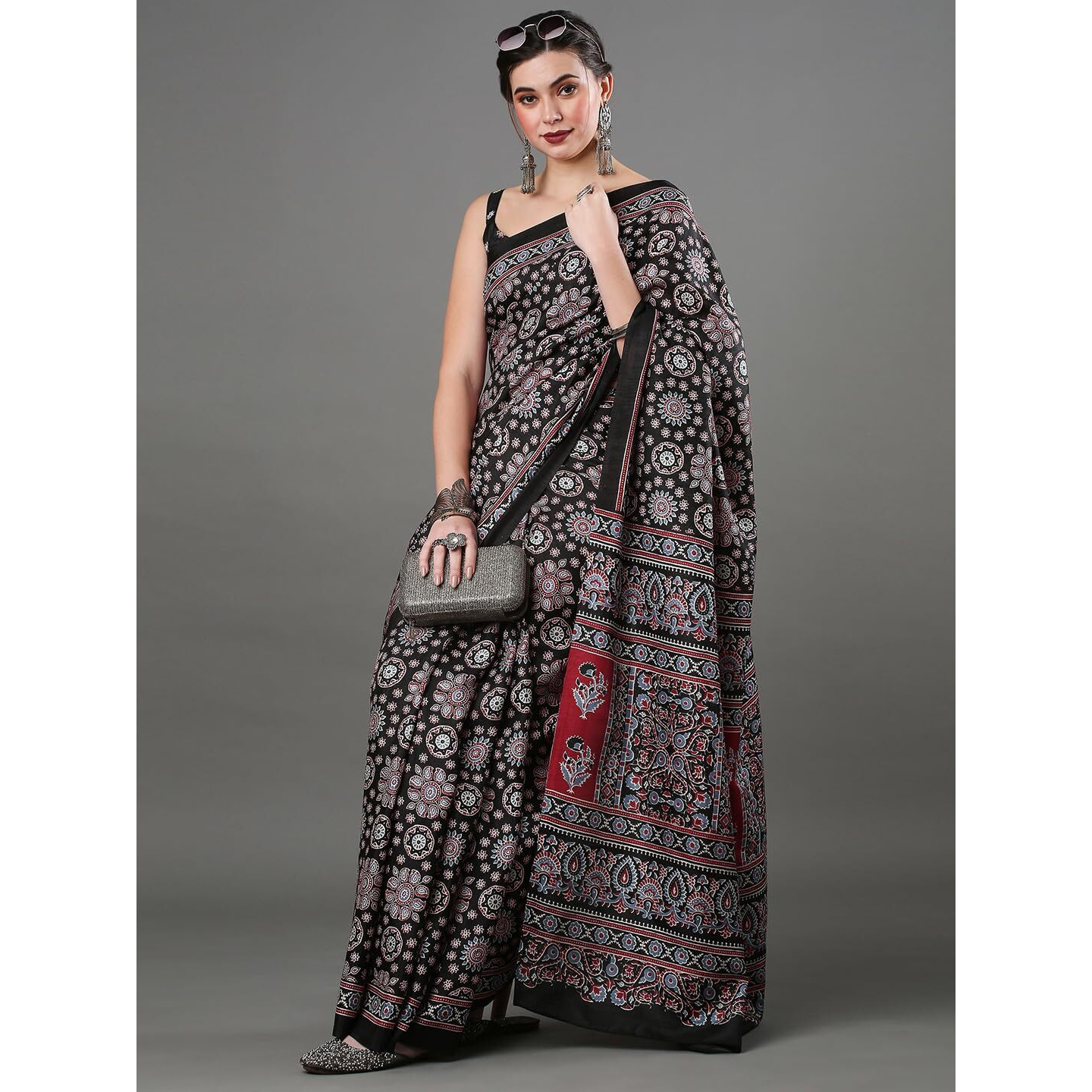 AKHILAM Womens Ajrak Block Print Dola Silk Saree With Unstitched Blouse Piece (Black_KUMRN207)