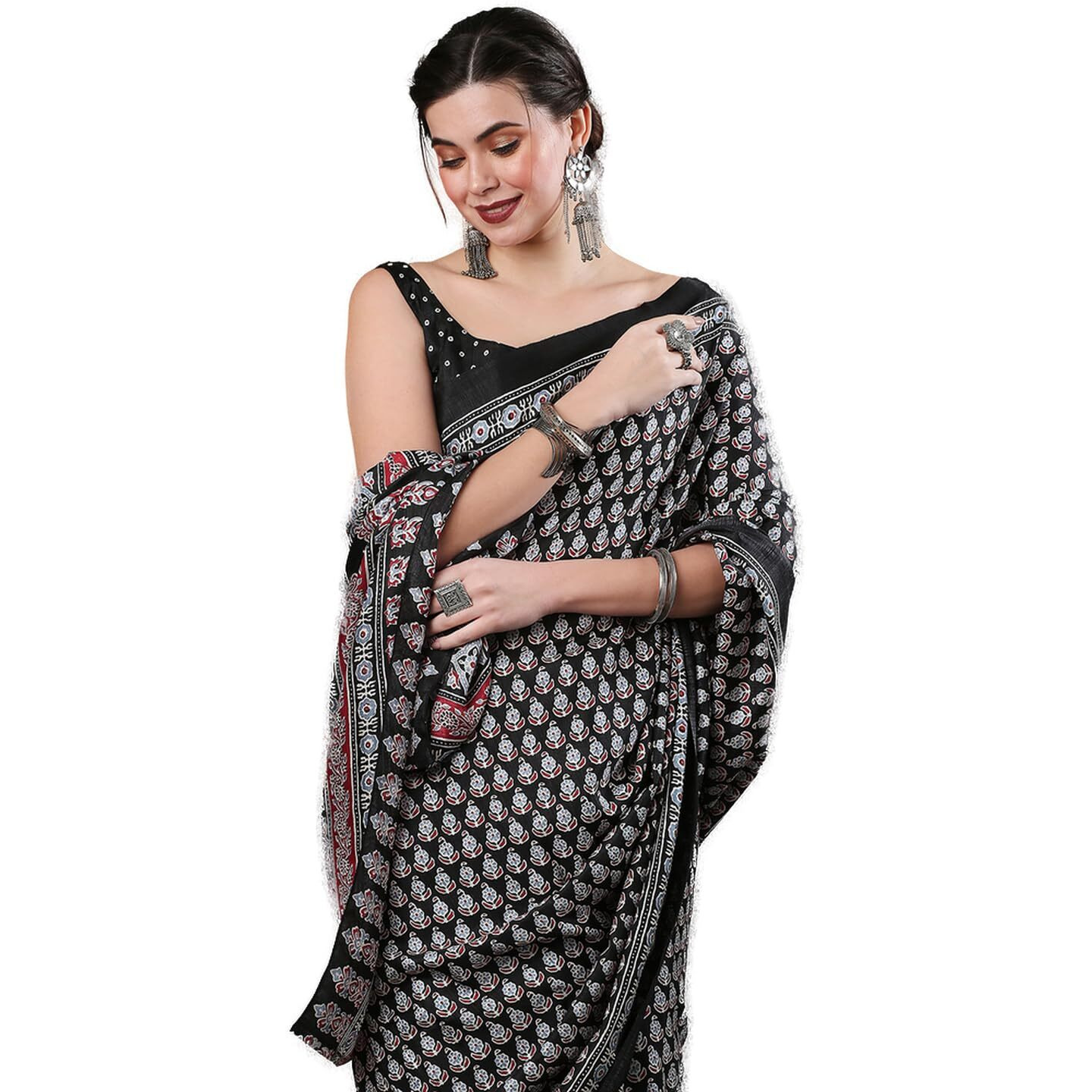 AKHILAM Womens Floral Block Print Dola Silk Ajrakh Saree With Unstitched Blouse Piece (Black_KUMRN203)