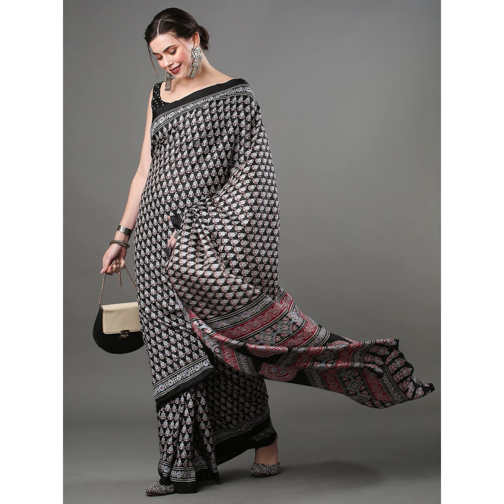 AKHILAM Womens Floral Block Print Dola Silk Ajrakh Saree With Unstitched Blouse Piece (Black_KUMRN203)
