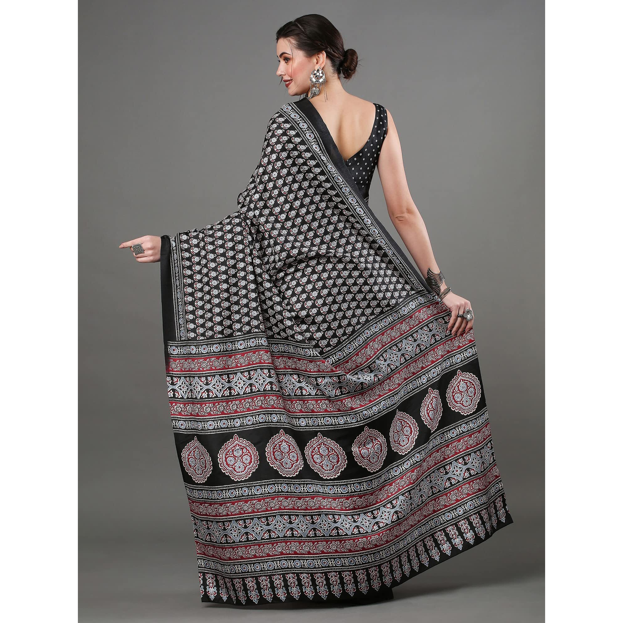 AKHILAM Womens Floral Block Print Dola Silk Ajrakh Saree With Unstitched Blouse Piece (Black_KUMRN203)