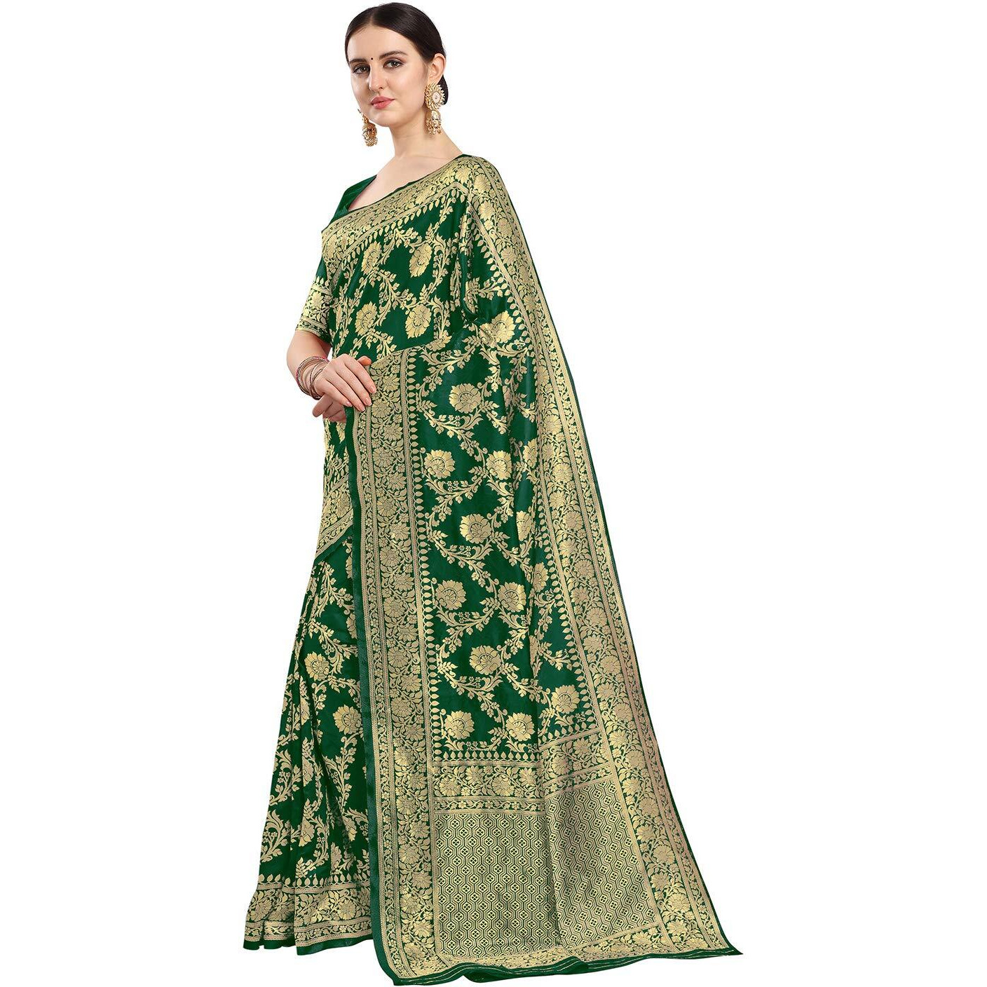 EthnicJunction Womens Banarasi Silk Blend Woven Saree With Blouse Piece (EJ6008-1014-Cherry-Mehendi_Mehendi)