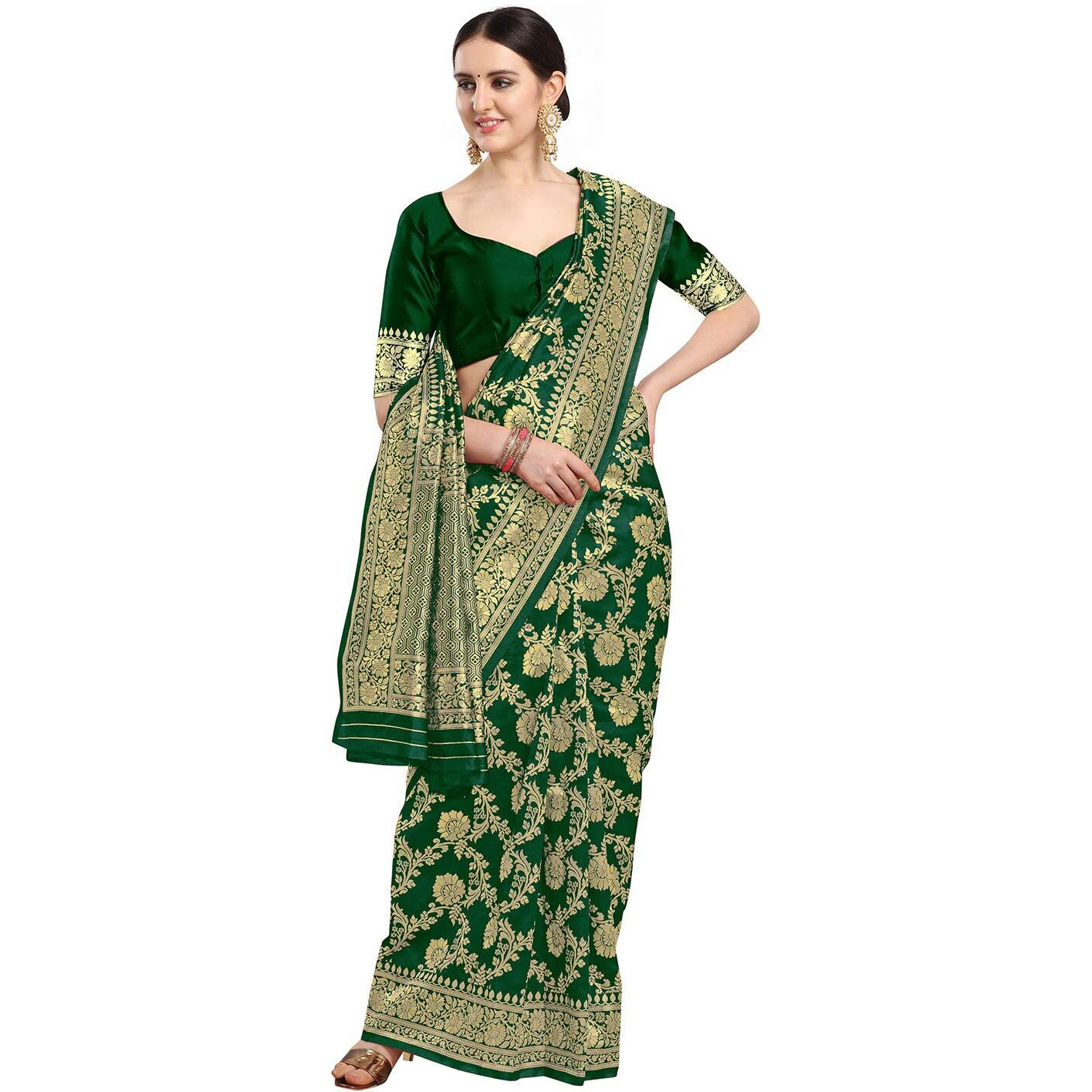 EthnicJunction Womens Banarasi Silk Blend Woven Saree With Blouse Piece (EJ6008-1014-Cherry-Mehendi_Mehendi)