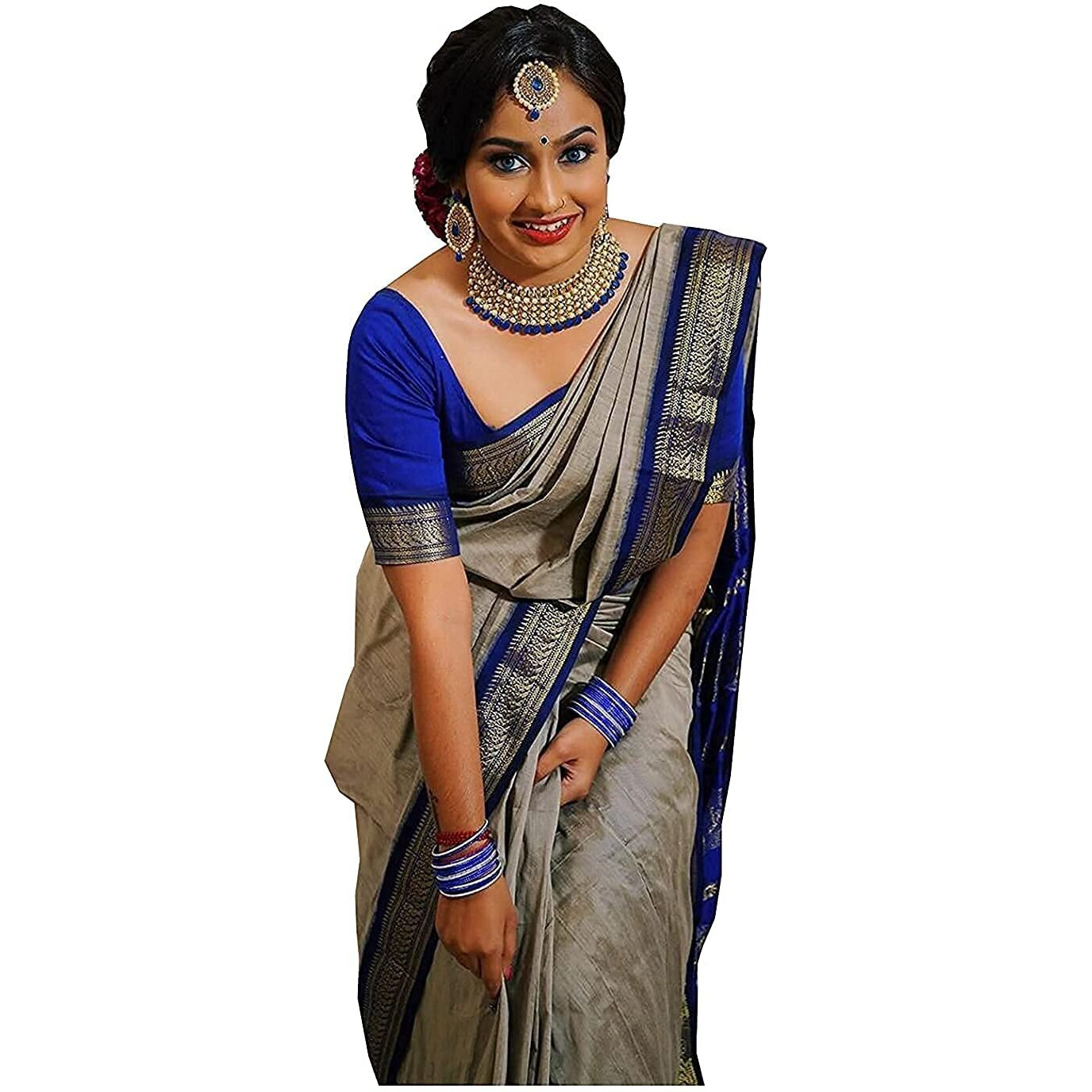 SGF11 Womens Kanjivaram Soft Silk Saree With Blouse Piece (Blue Grey)