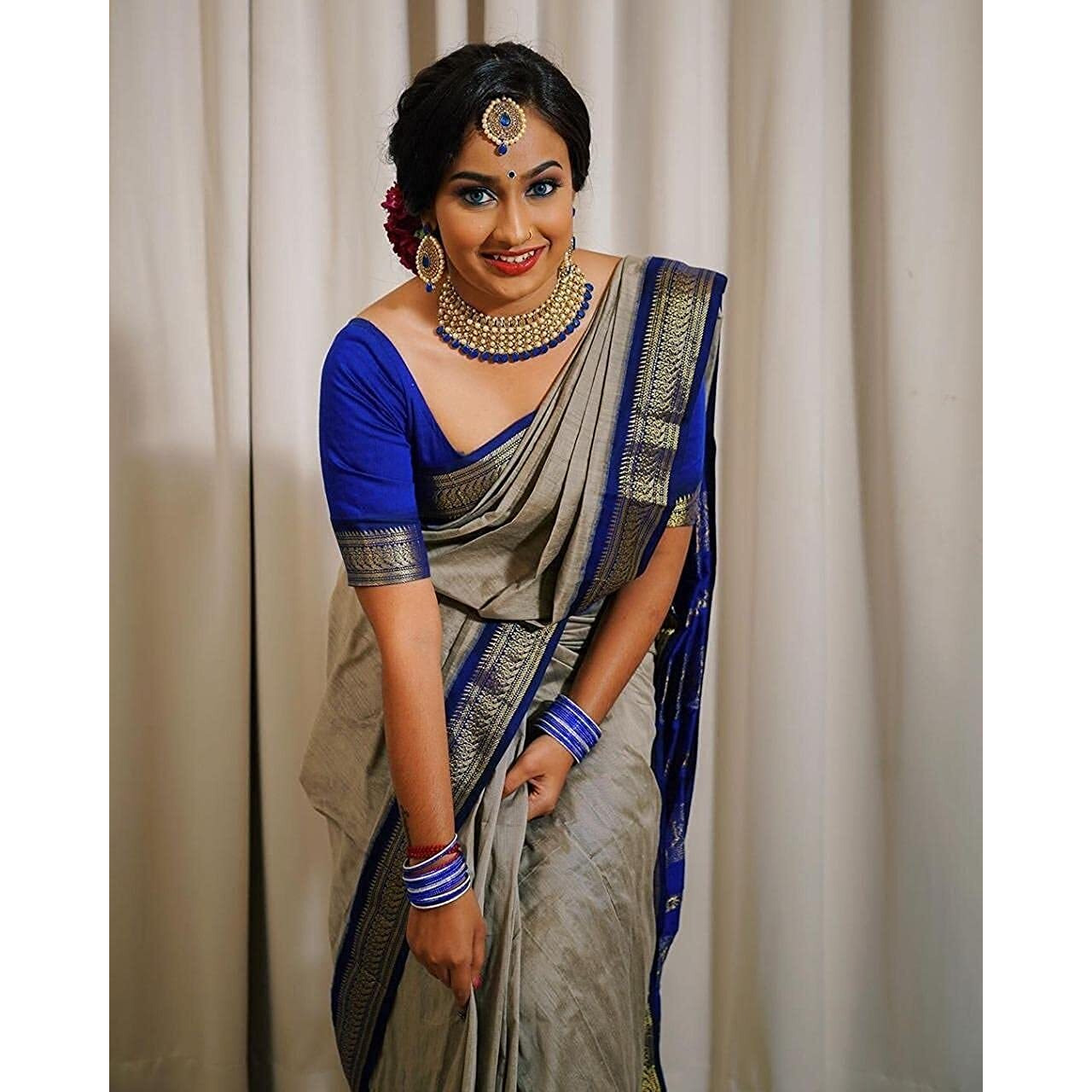 SGF11 Womens Kanjivaram Soft Silk Saree With Blouse Piece (Blue Grey)