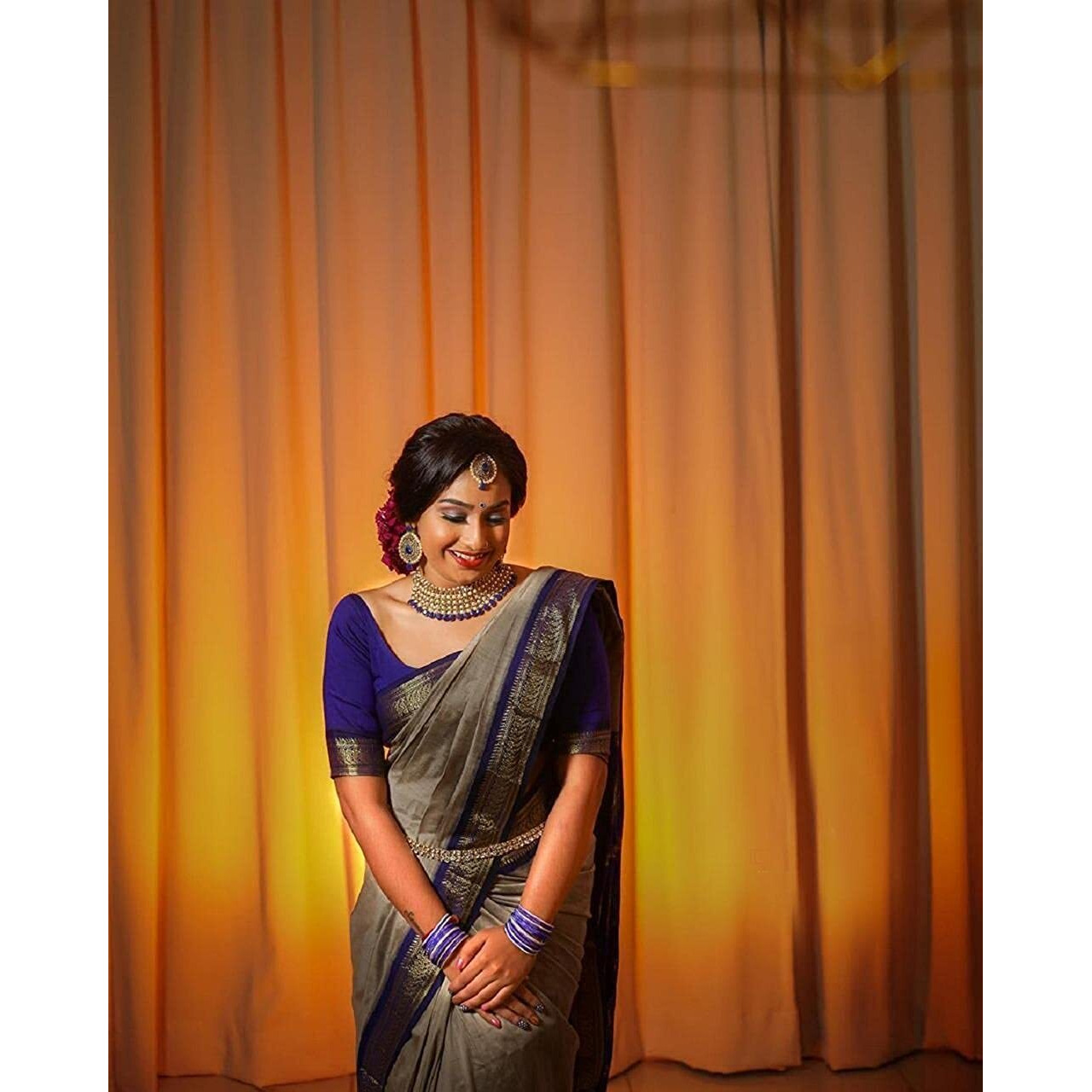 SGF11 Womens Kanjivaram Soft Silk Saree With Blouse Piece (Blue Grey)