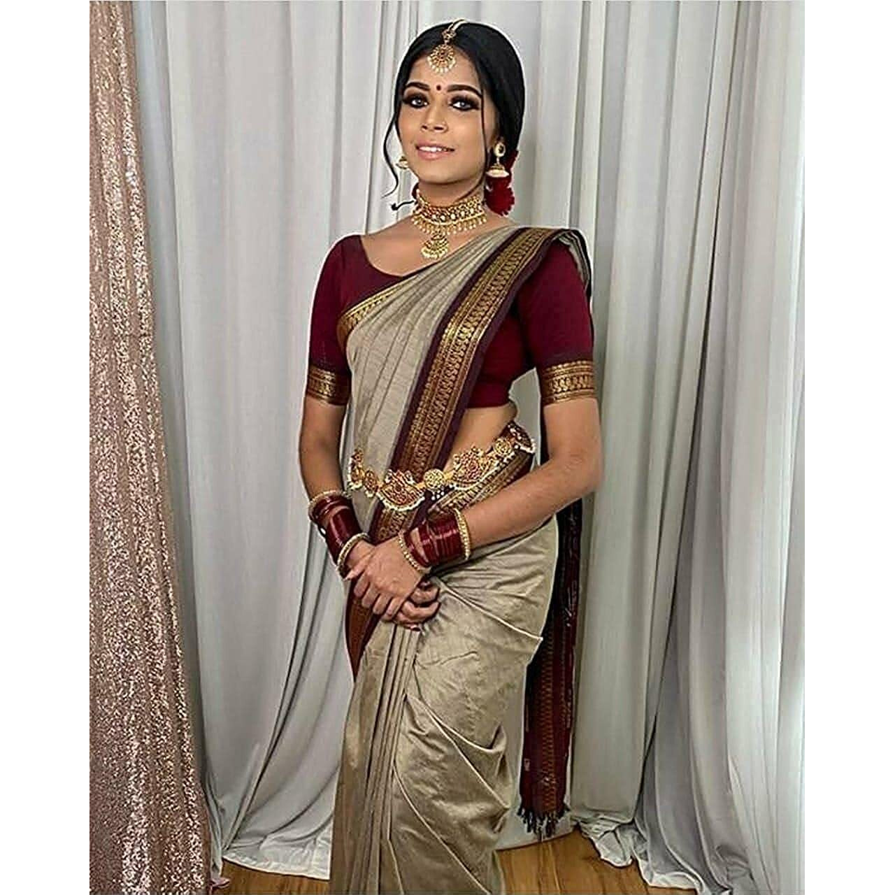 SGF11 Womens Kanjivaram Soft Silk Saree With Blouse Piece (Grey Maroon)