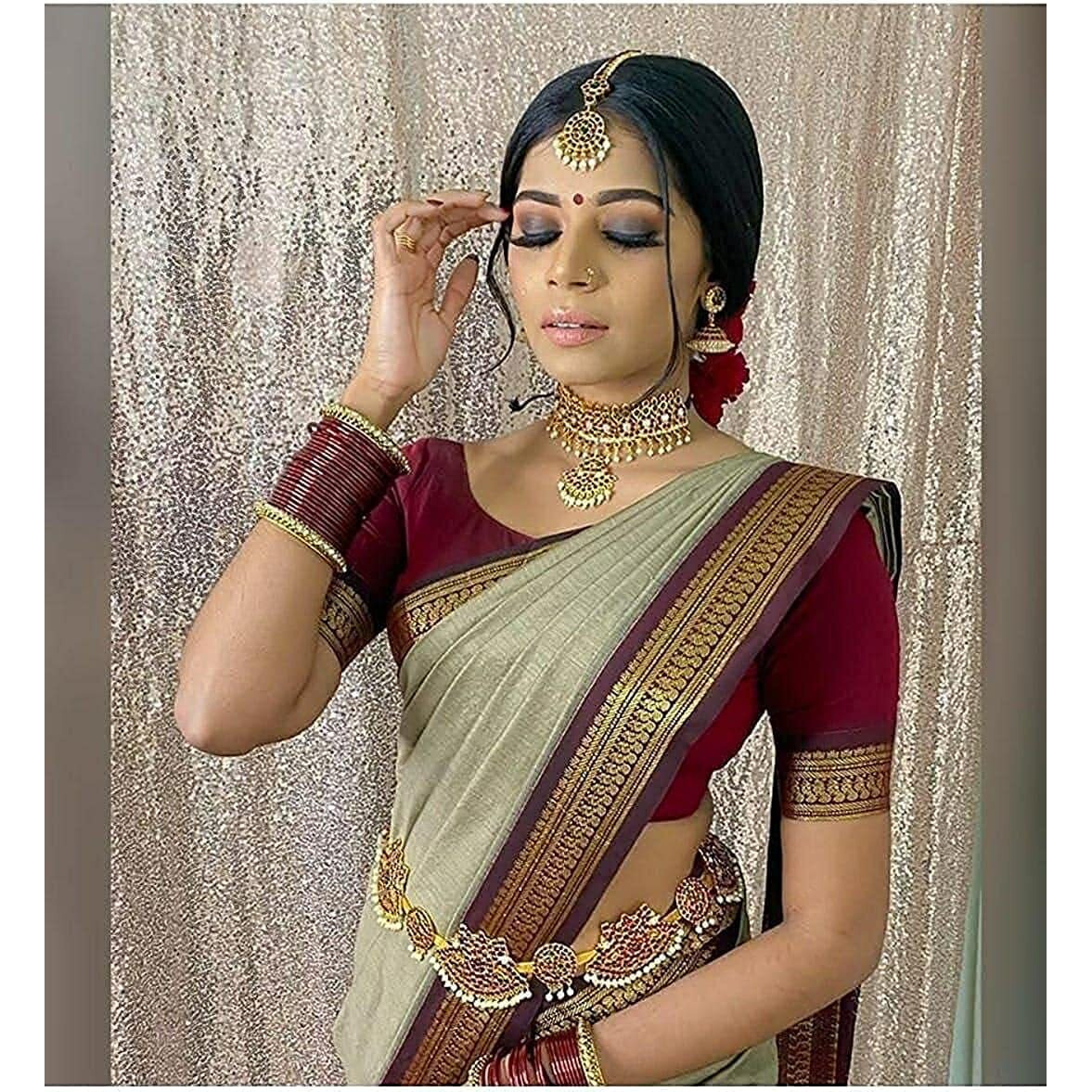 SGF11 Womens Kanjivaram Soft Silk Saree With Blouse Piece (Grey Maroon)